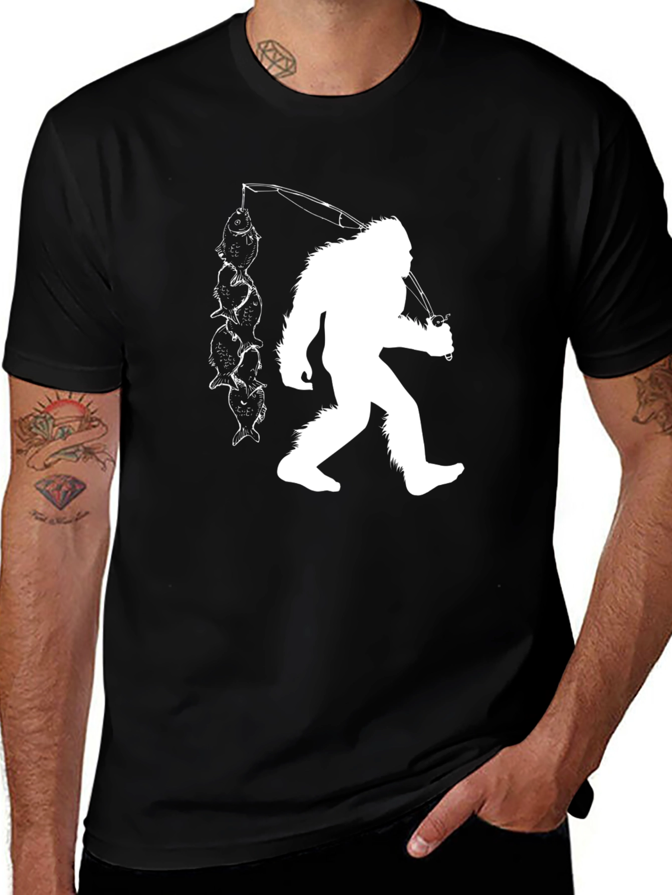 Variant 13 of Sasquatch Fishing T-Shirt - Black Cotton Tee