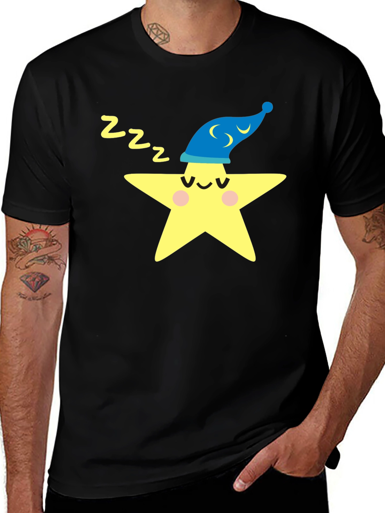 Sleepy Star Black T-Shirt - Cute Cartoon Graphic Tee