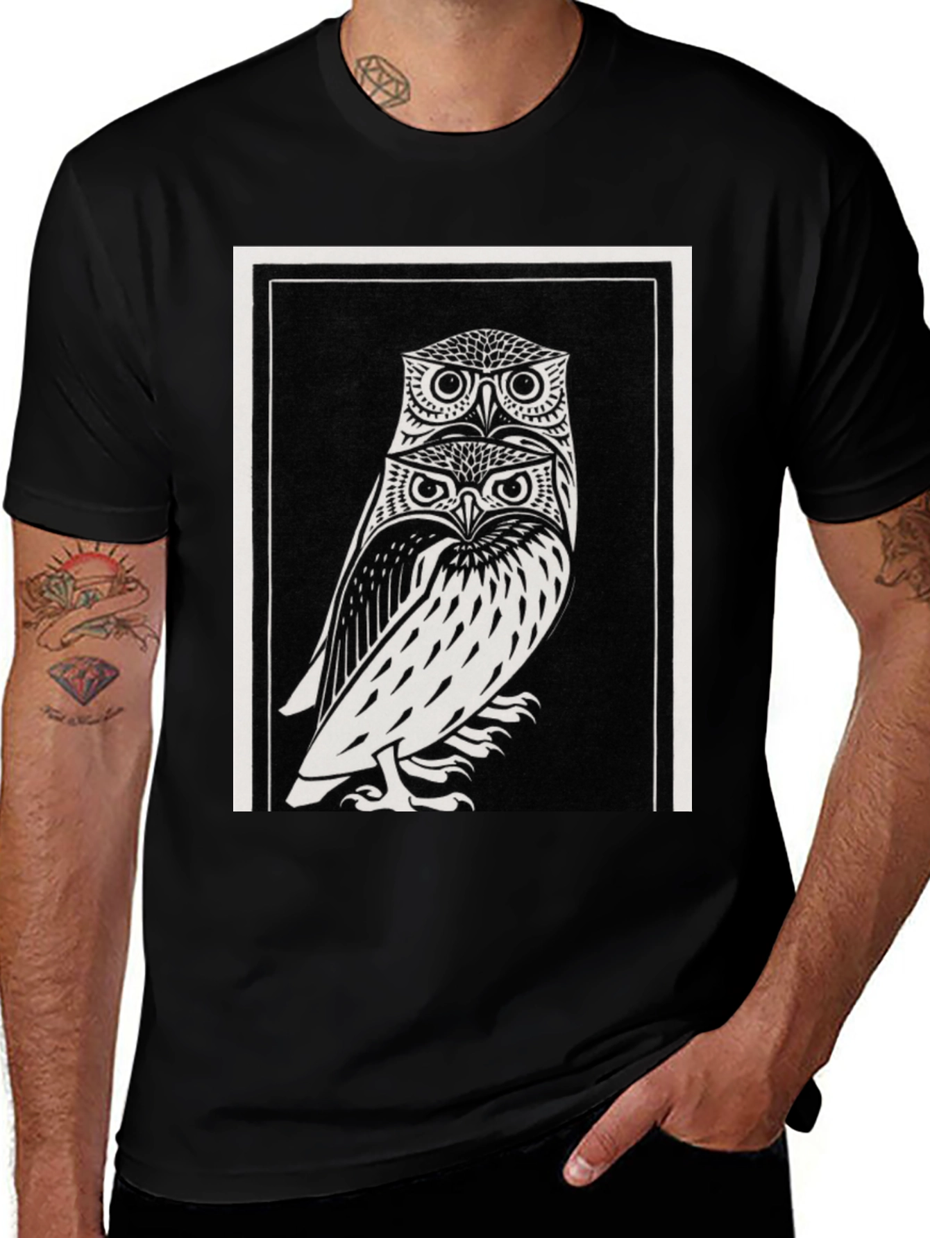 Variant 11 of Stacked Owls Graphic Tee - Black Cotton Shirt