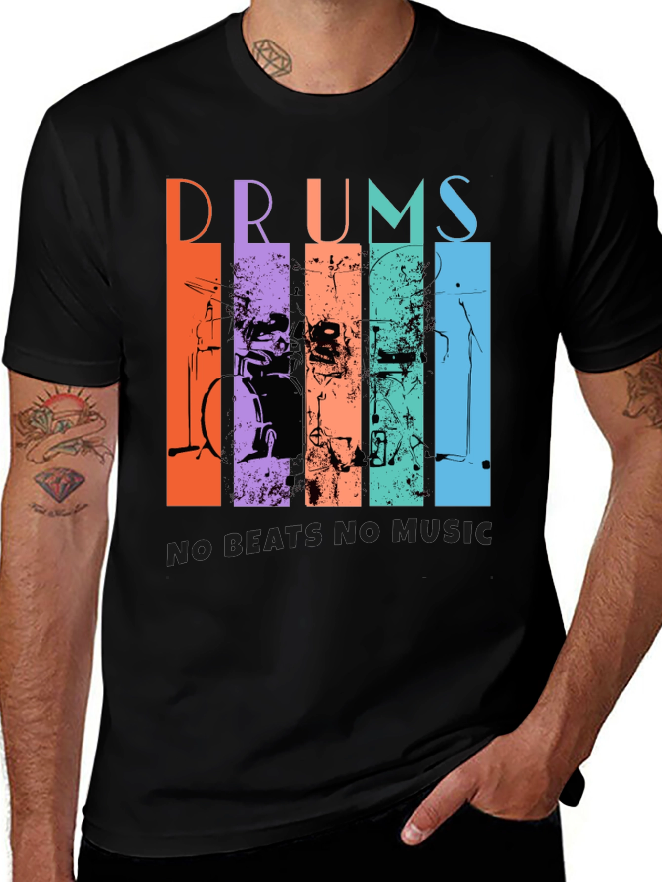 Black Colorful Drums Music Graphic T-Shirt main image