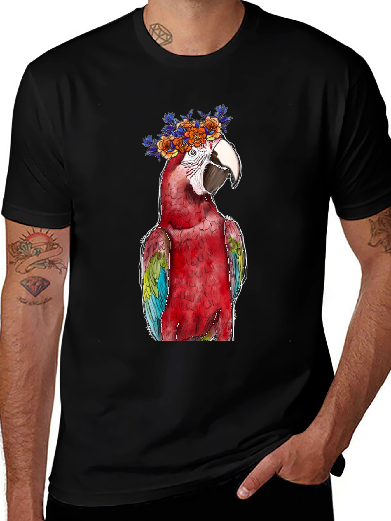 Variant 11 of Parrot Flower Crown Graphic Tee - Men's Black T-Shirt