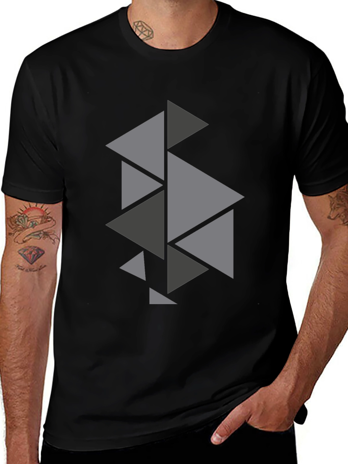 Geometric Triangle Pattern Black T-Shirt