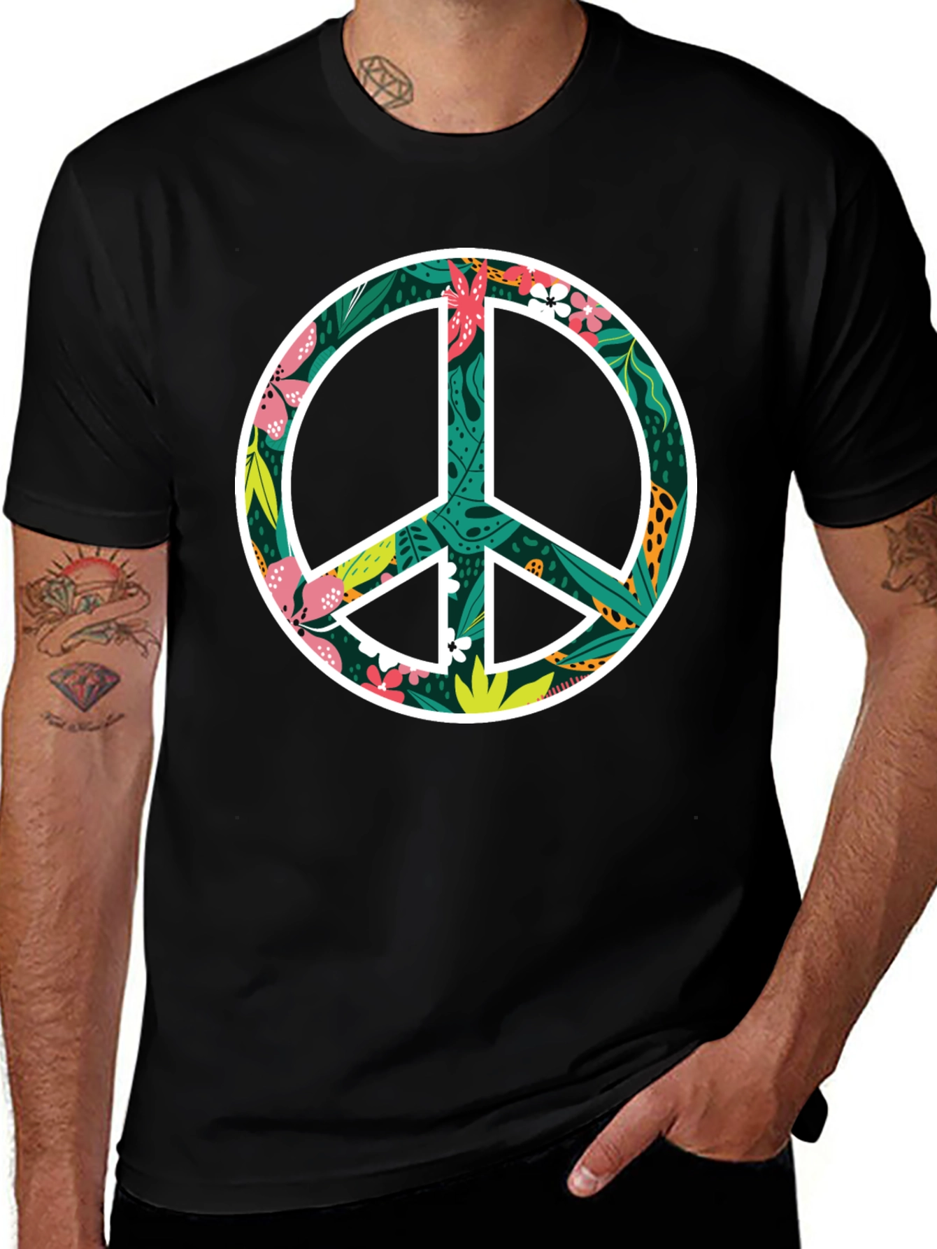 Variant 24 of Floral Peace Sign Graphic Black T-Shirt