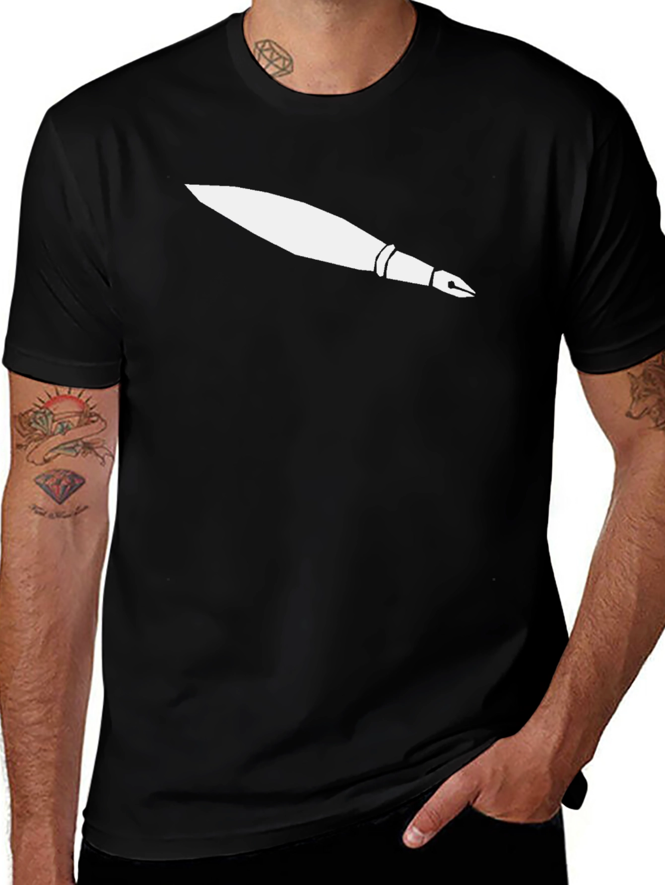 Variant 4 of Men's Black T-Shirt with White Fountain Pen Graphic