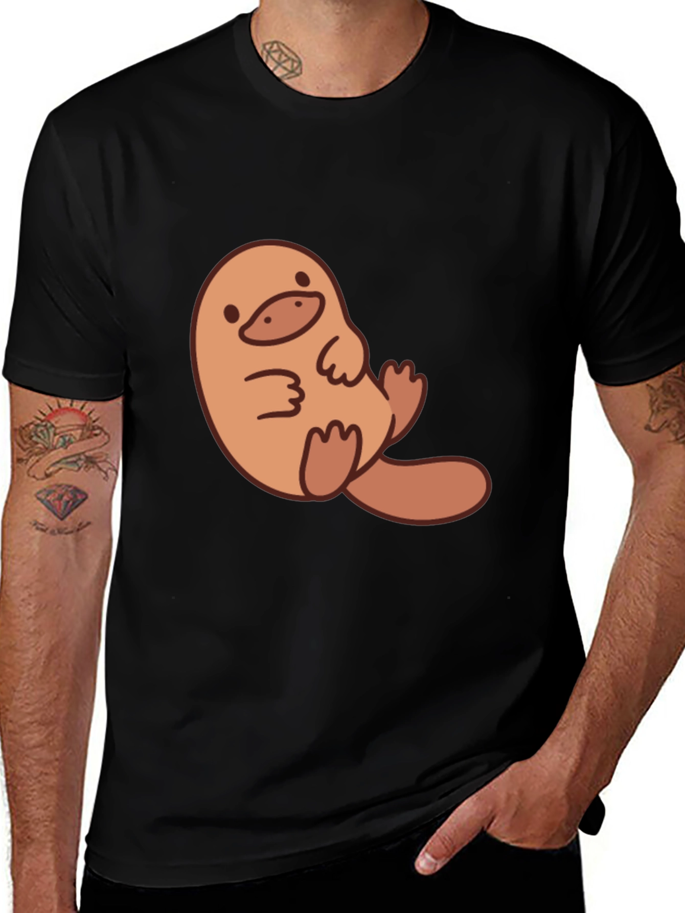 Variant 2 of Cute Cartoon Platypus Graphic Tee - Black Cotton