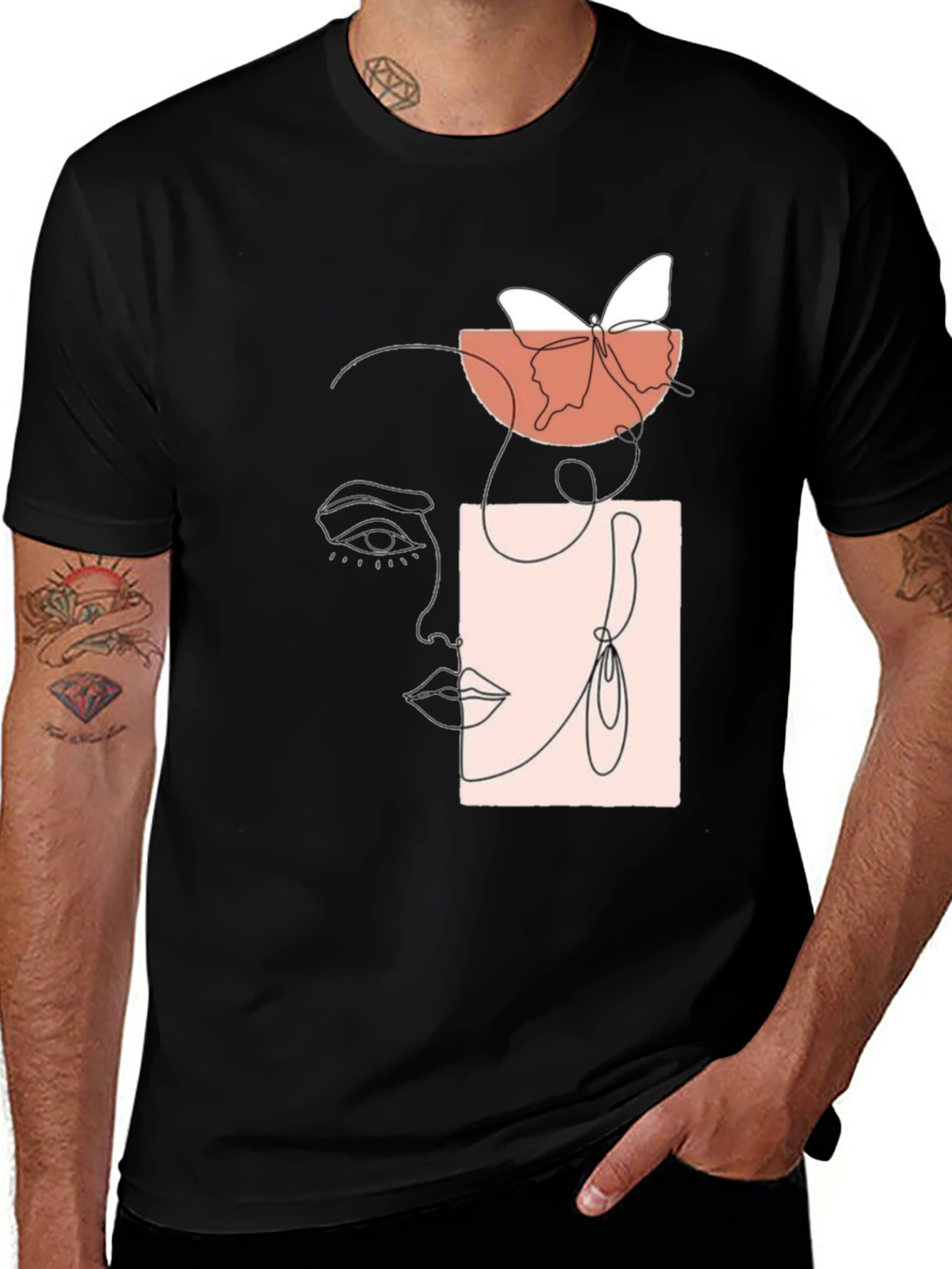 Variant 16 of Abstract Face & Butterfly Graphic Black T-Shirt