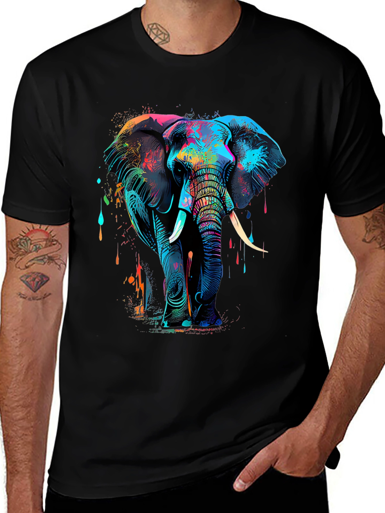 Variant 16 of Colorful Elephant Graphic Print Black T-Shirt