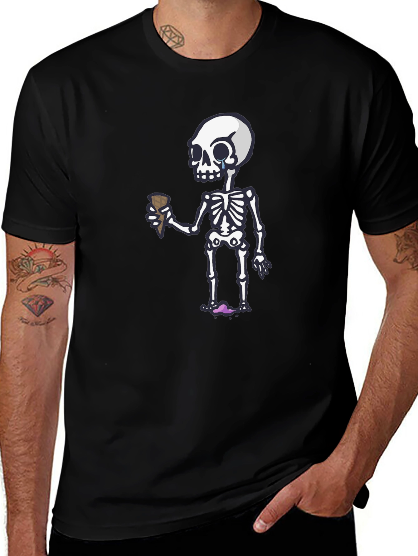 Variant 13 of Skeleton Eating Ice Cream Graphic Tee - Black Cotton Shirt
