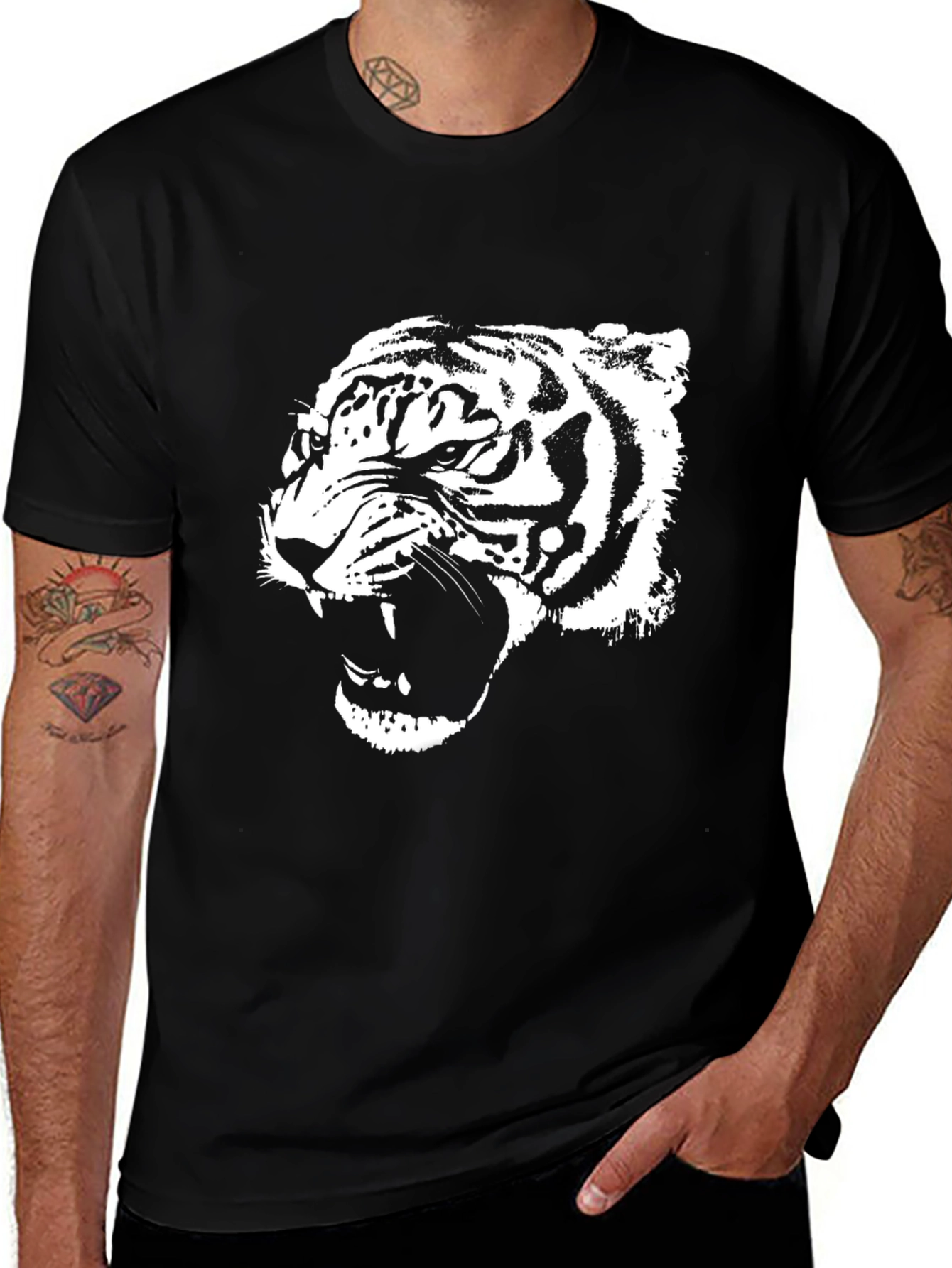 Variant 13 of Black T-Shirt with White Tiger Graphic