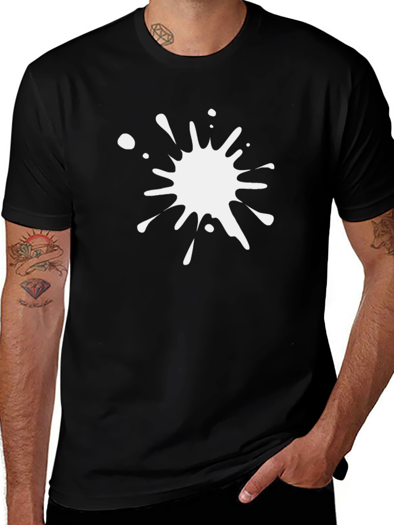 Variant 22 of Men's Black T-Shirt with White Paint Splatter Graphic