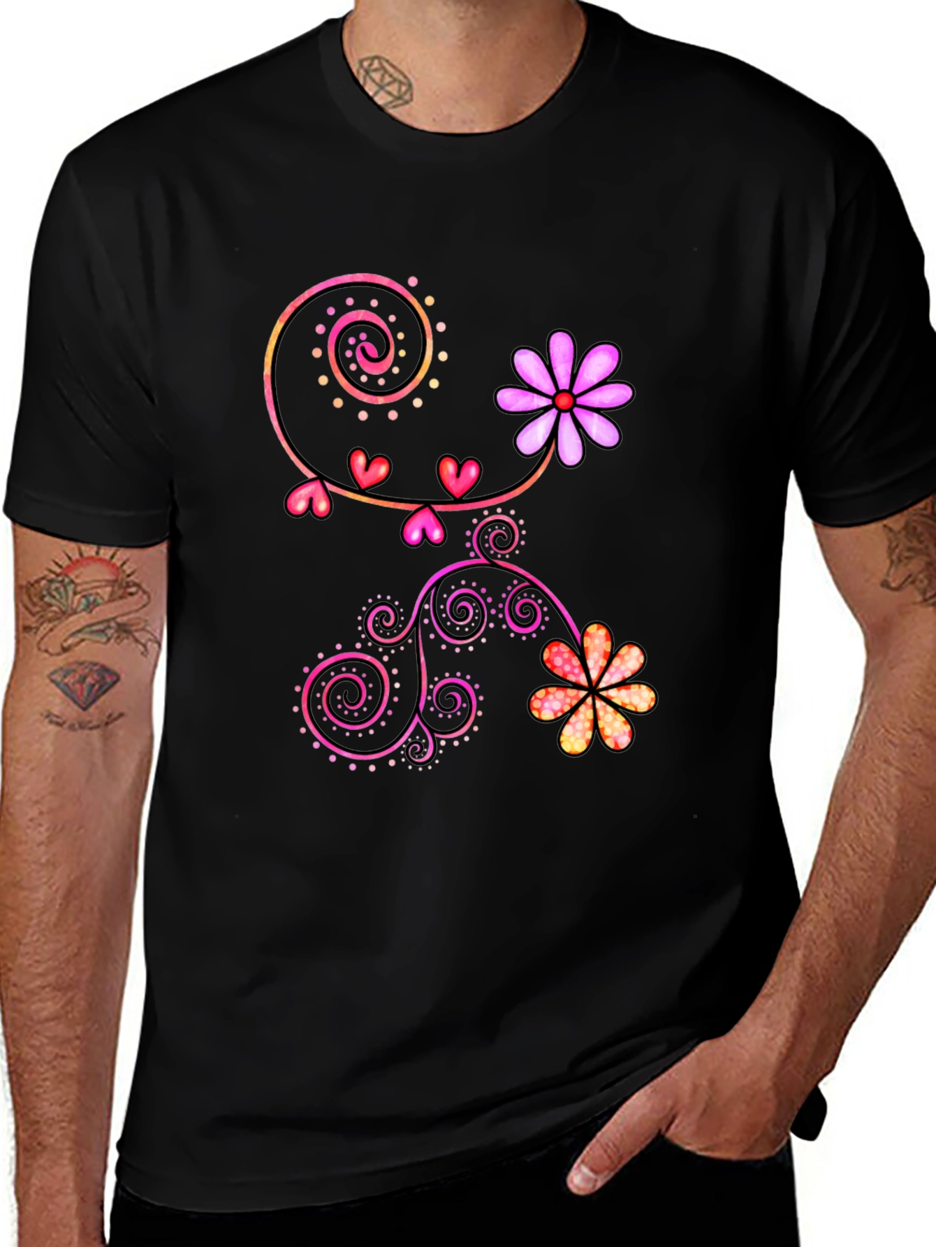 Variant 22 of Floral Heart Swirl Graphic Black T-Shirt