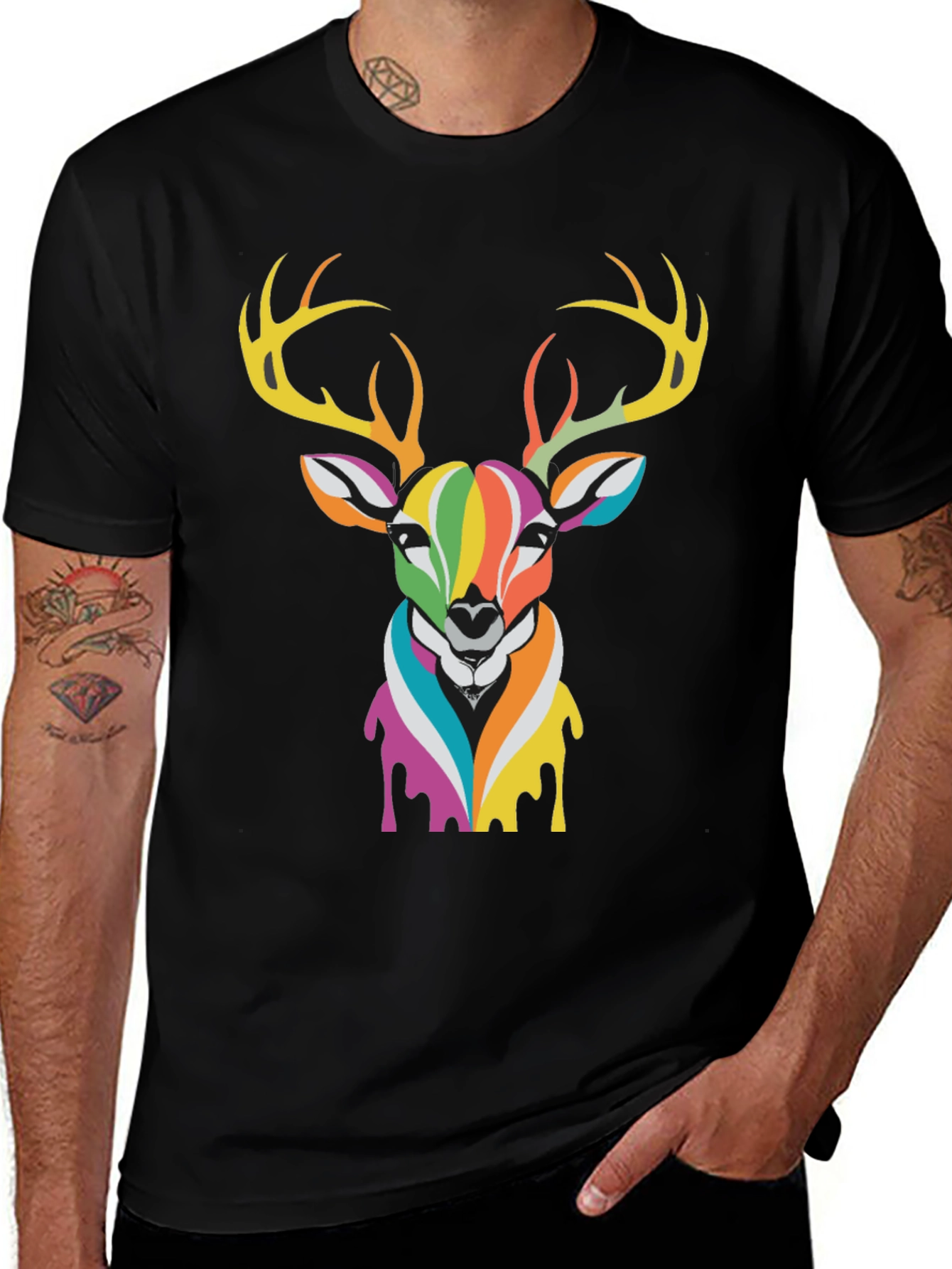Variant 2 of Rainbow Deer Graphic Tee - Stylish Men's Black T-Shirt