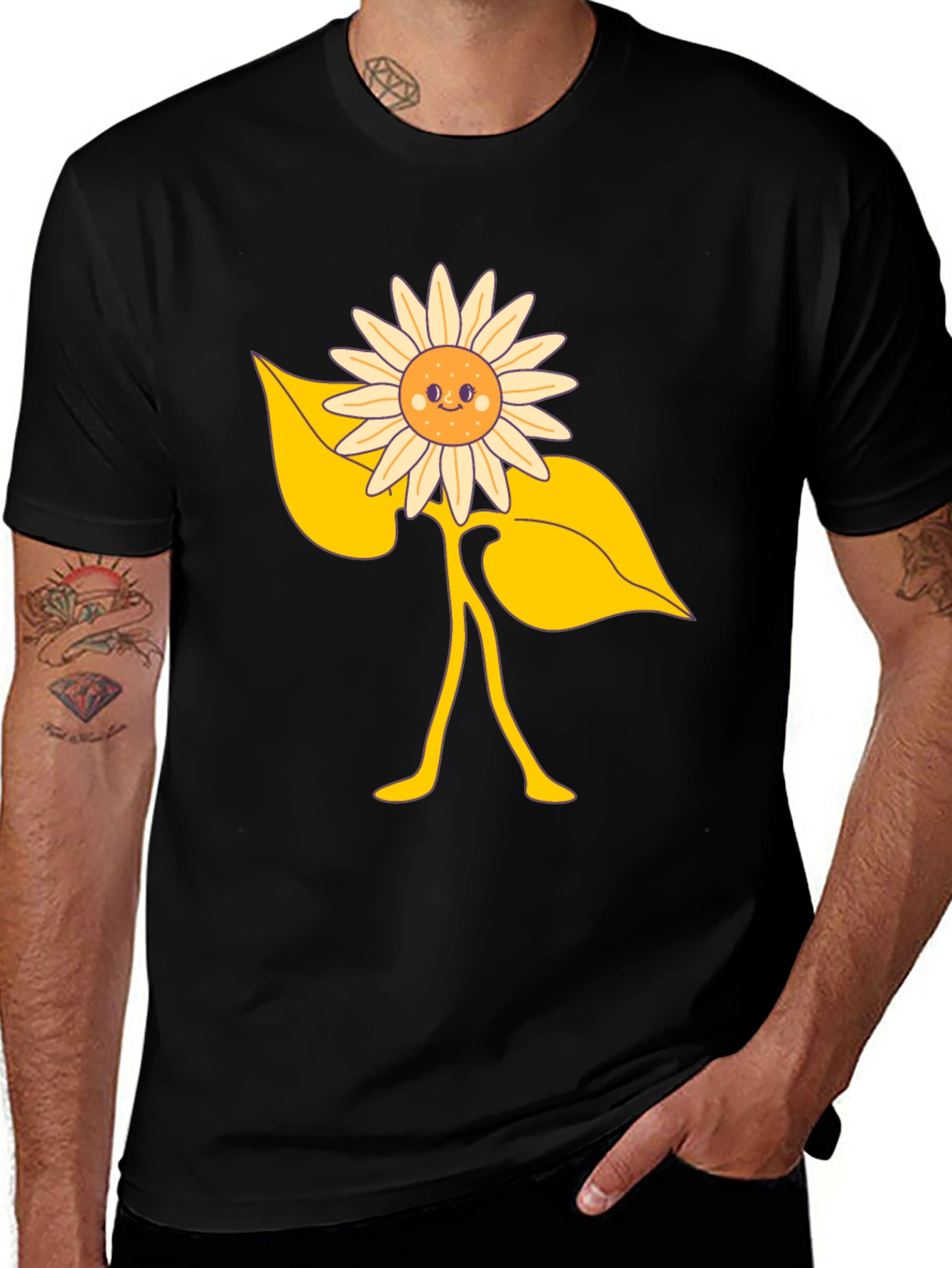 Variant 11 of Happy Sunflower Graphic Tee - Black Cotton Blend