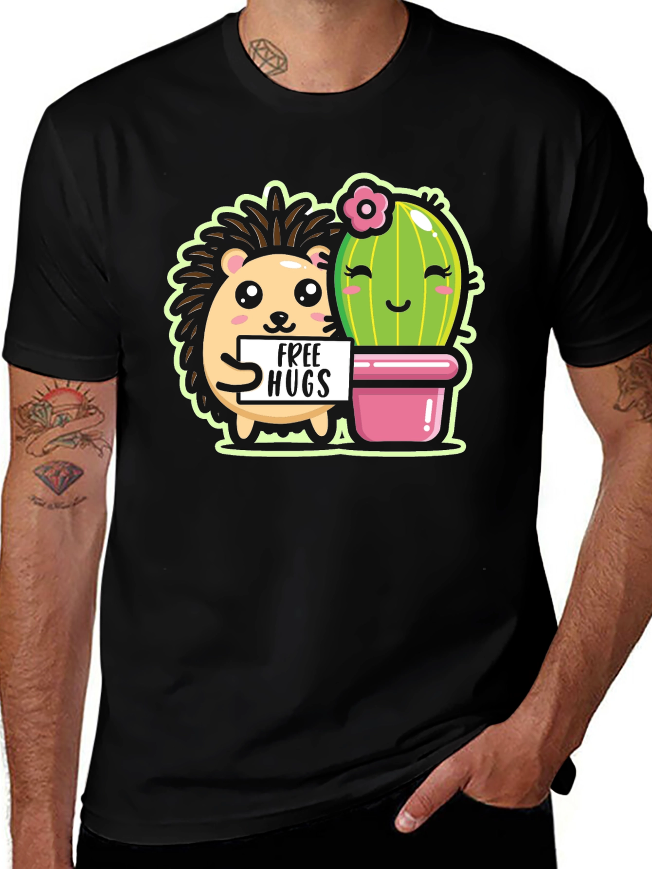 Variant 29 of Cute Hedgehog & Cactus Free Hugs Black T-Shirt