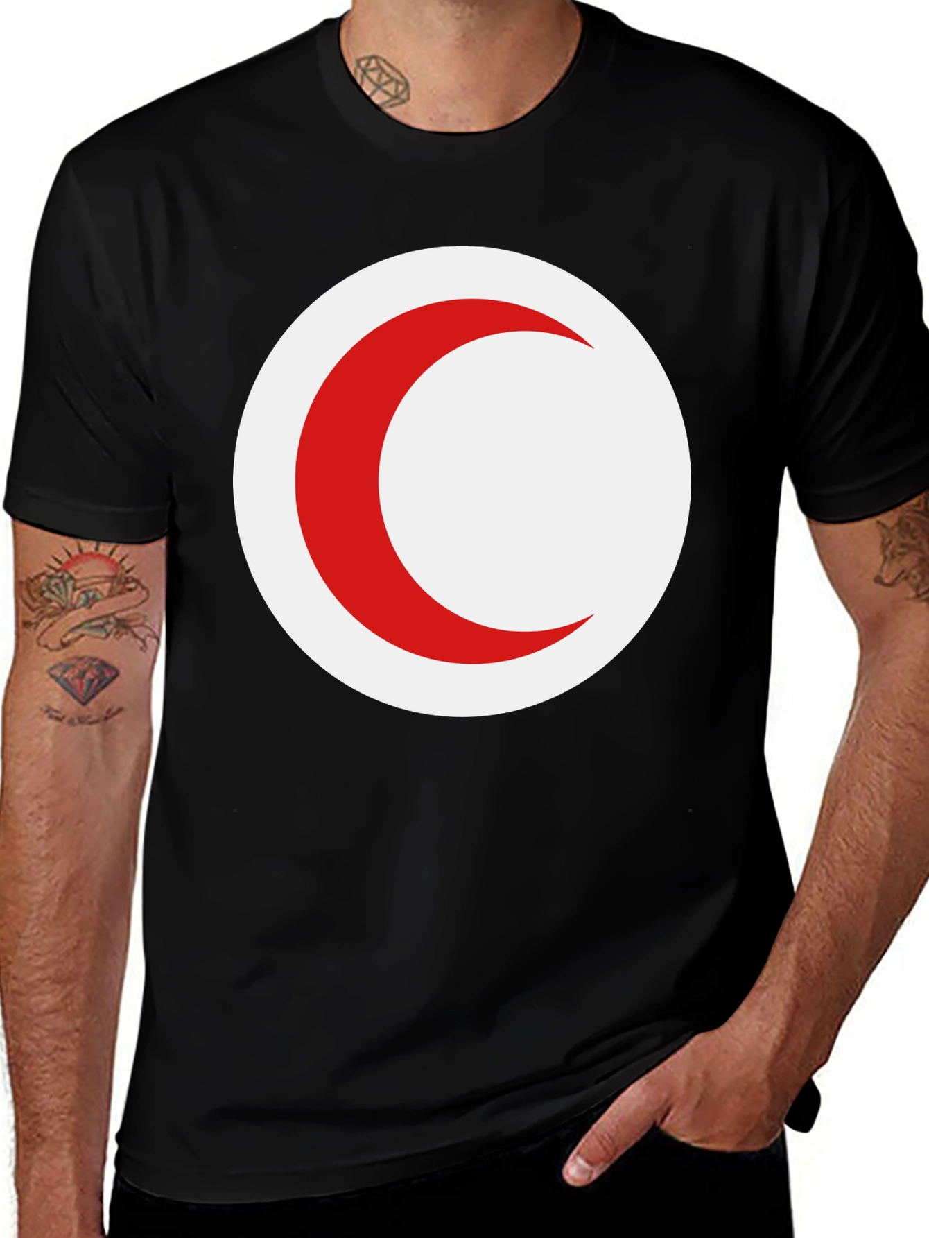 Red Crescent Moon Graphic Black T-Shirt