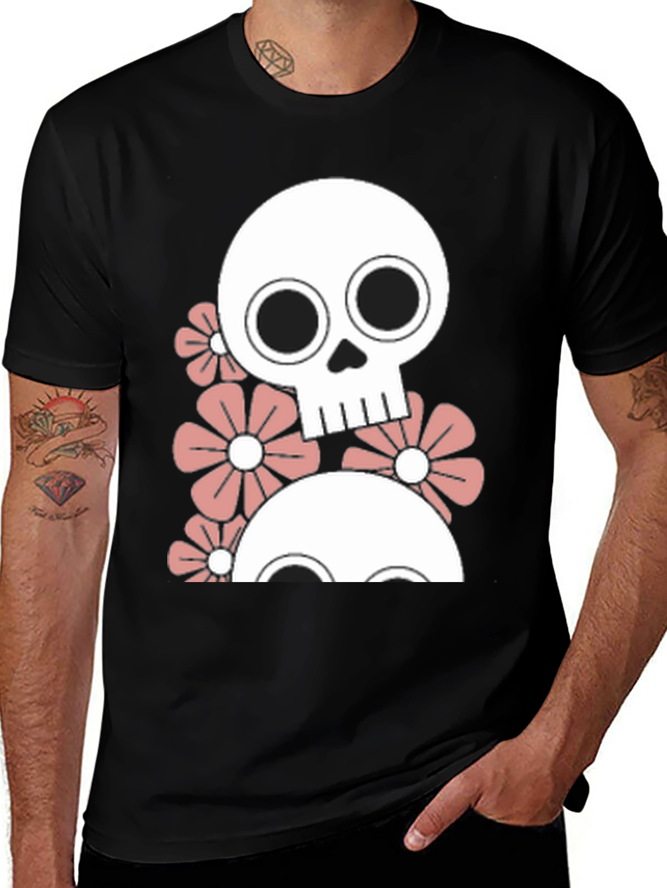 Black Skull & Flower Graphic Tee - Men's Black T-Shirt main image