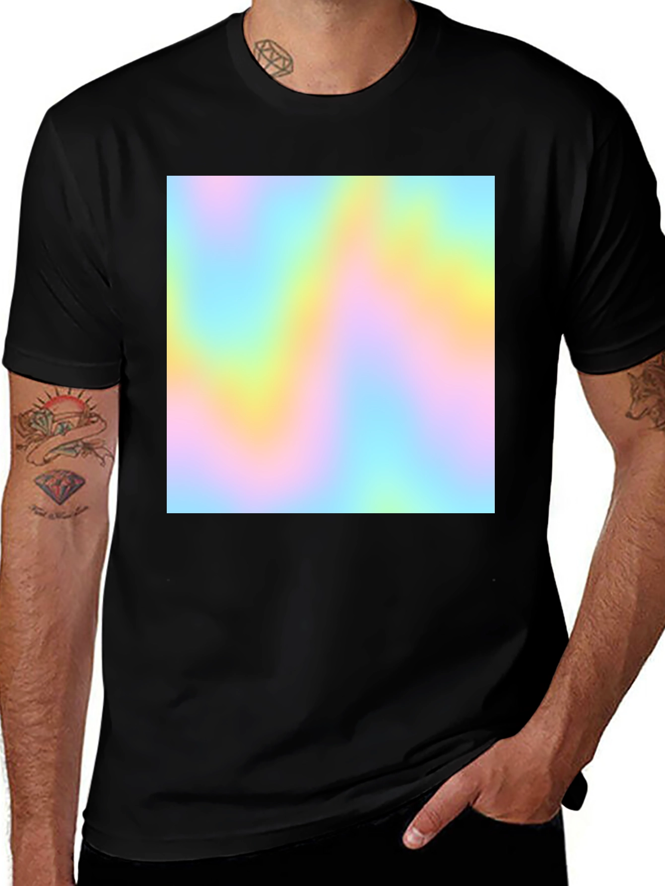 Variant 11 of Men's Black Tee with Pastel Swirl Design