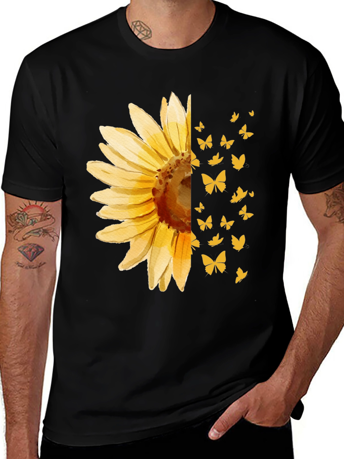 Sunflower Butterfly Graphic Tee - Black Cotton Casual
