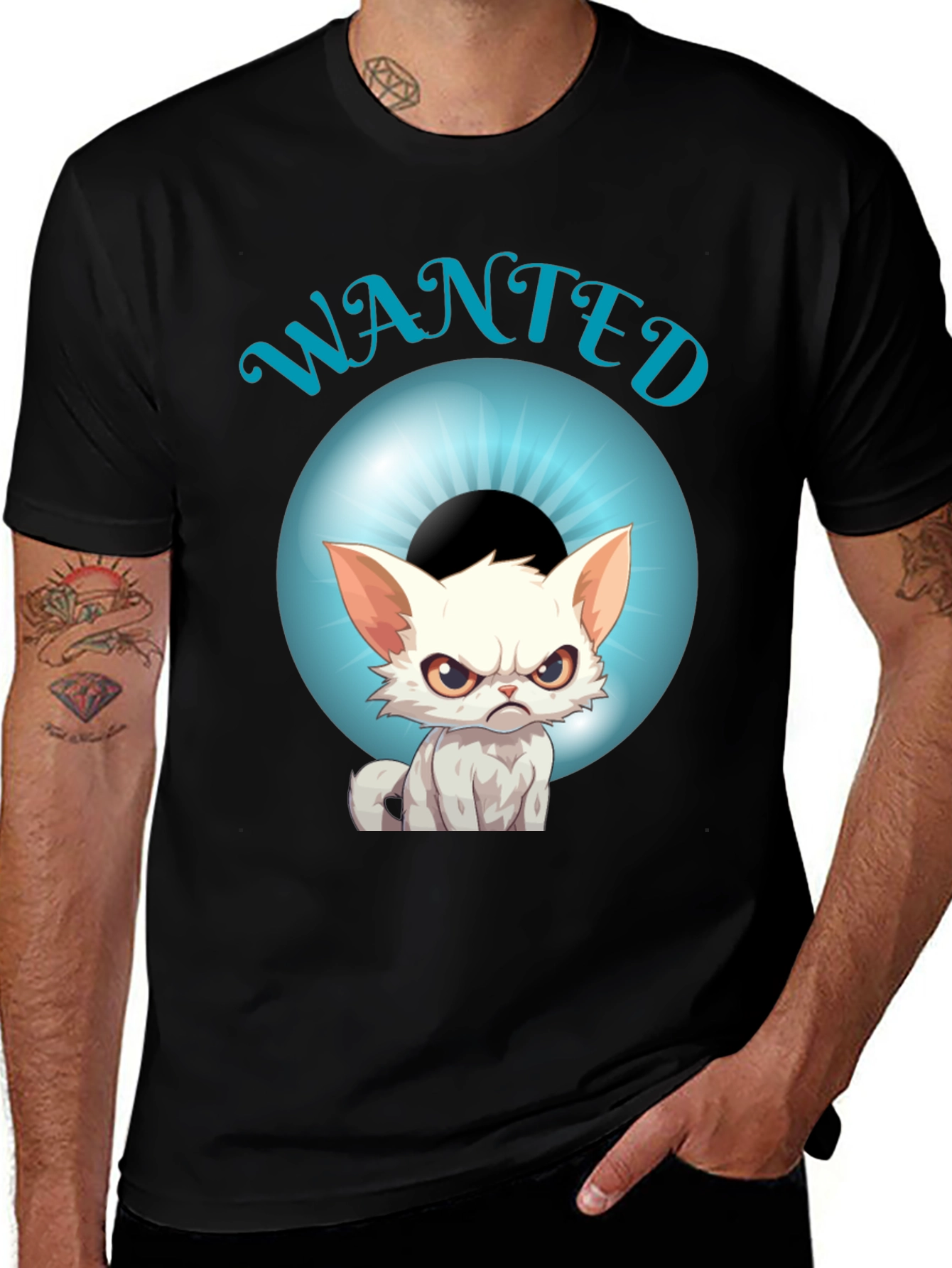 Variant 5 of Wanted Cat Graphic T-Shirt - Men's Black Tee