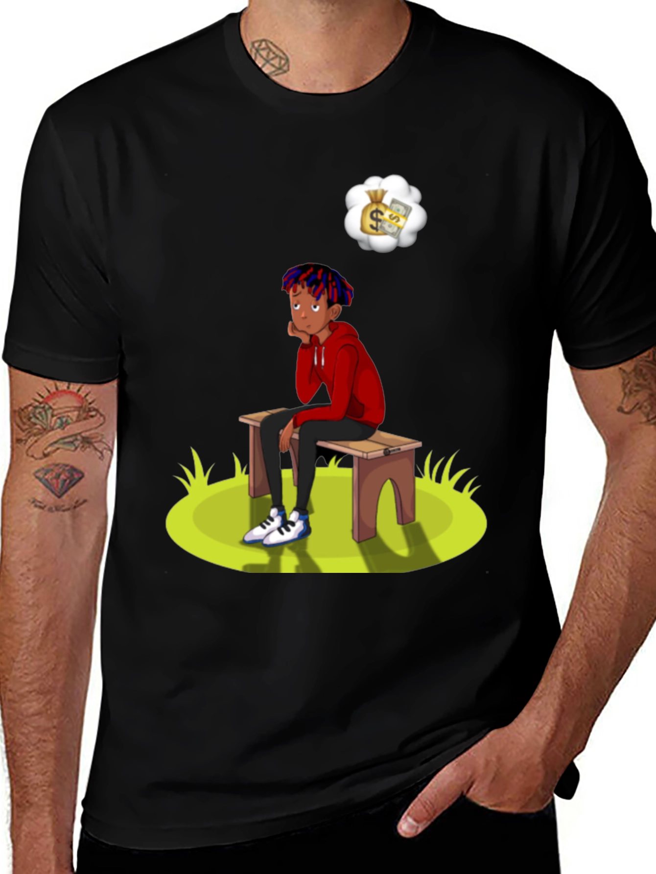 Variant 9 of Cartoon Graphic Tee -  Boy on Bench Dreaming of Money