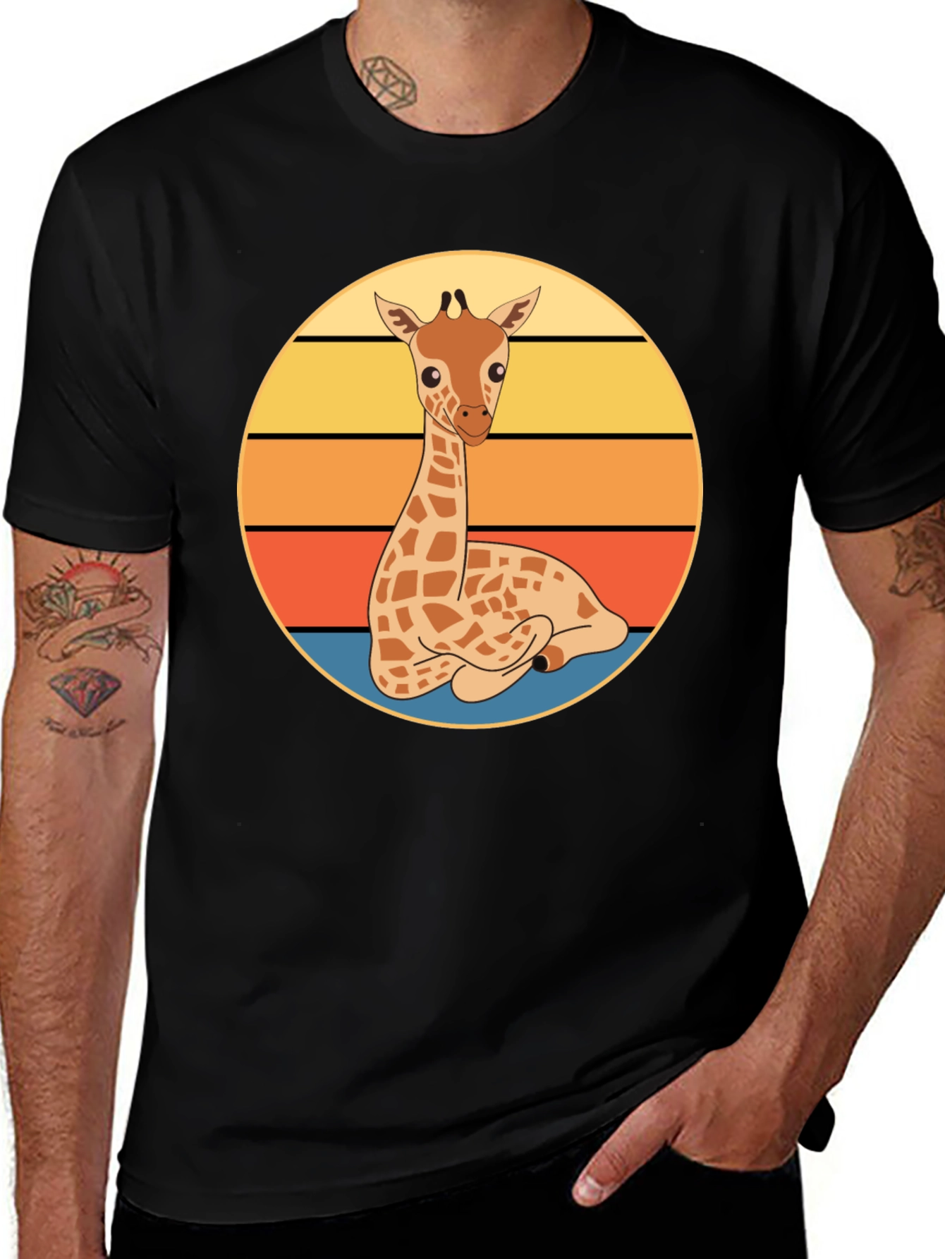 Variant 8 of Giraffe Sunset Graphic Tee - Cute Cartoon Design