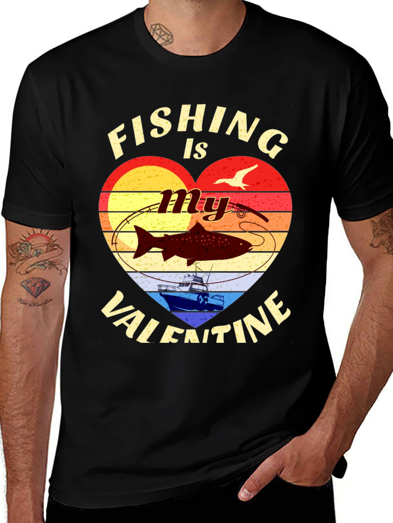 Black Fishing Valentine's Day Graphic T-Shirt main image