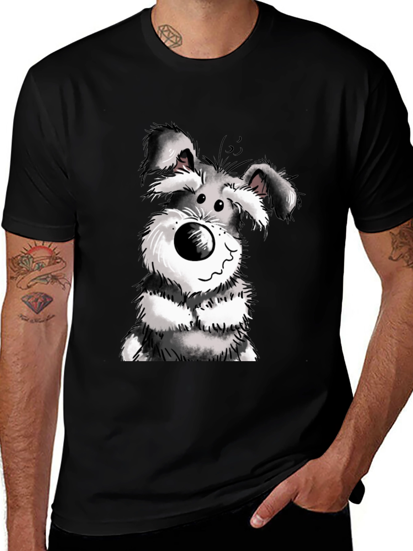 Variant 15 of Cartoon Dog Graphic Tee - Black Cotton Casual Wear