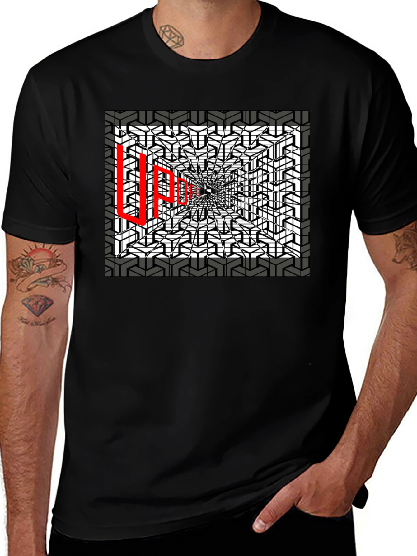Variant 17 of Optical Illusion UP Red Text Black T-Shirt
