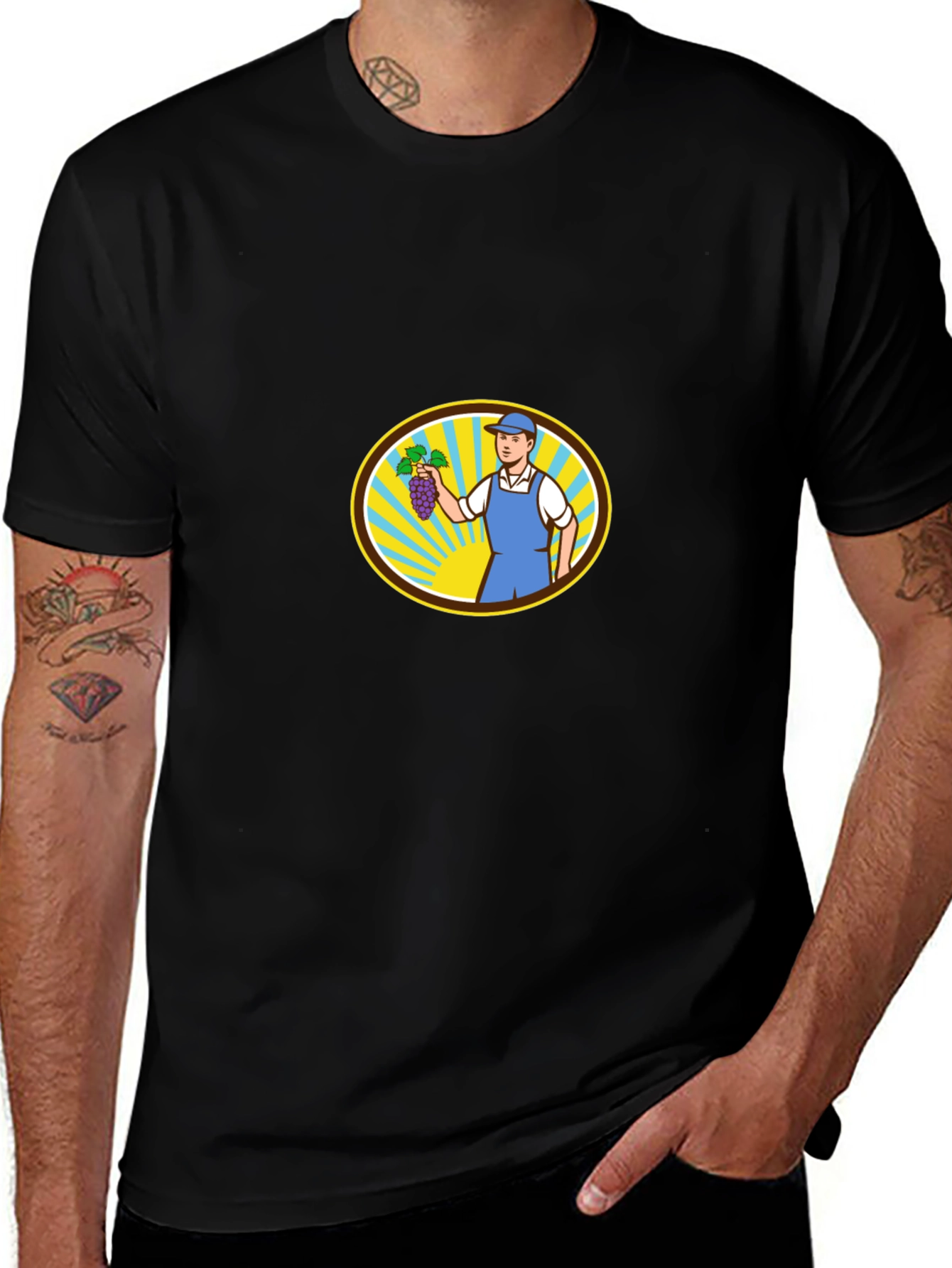 Variant 23 of Black T-Shirt with Cartoon Grape Farmer Design