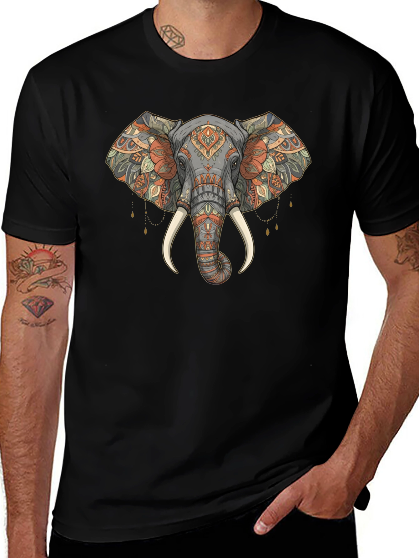Variant 11 of Elephant Mandala Graphic Tee - Black Crew Neck T-Shirt