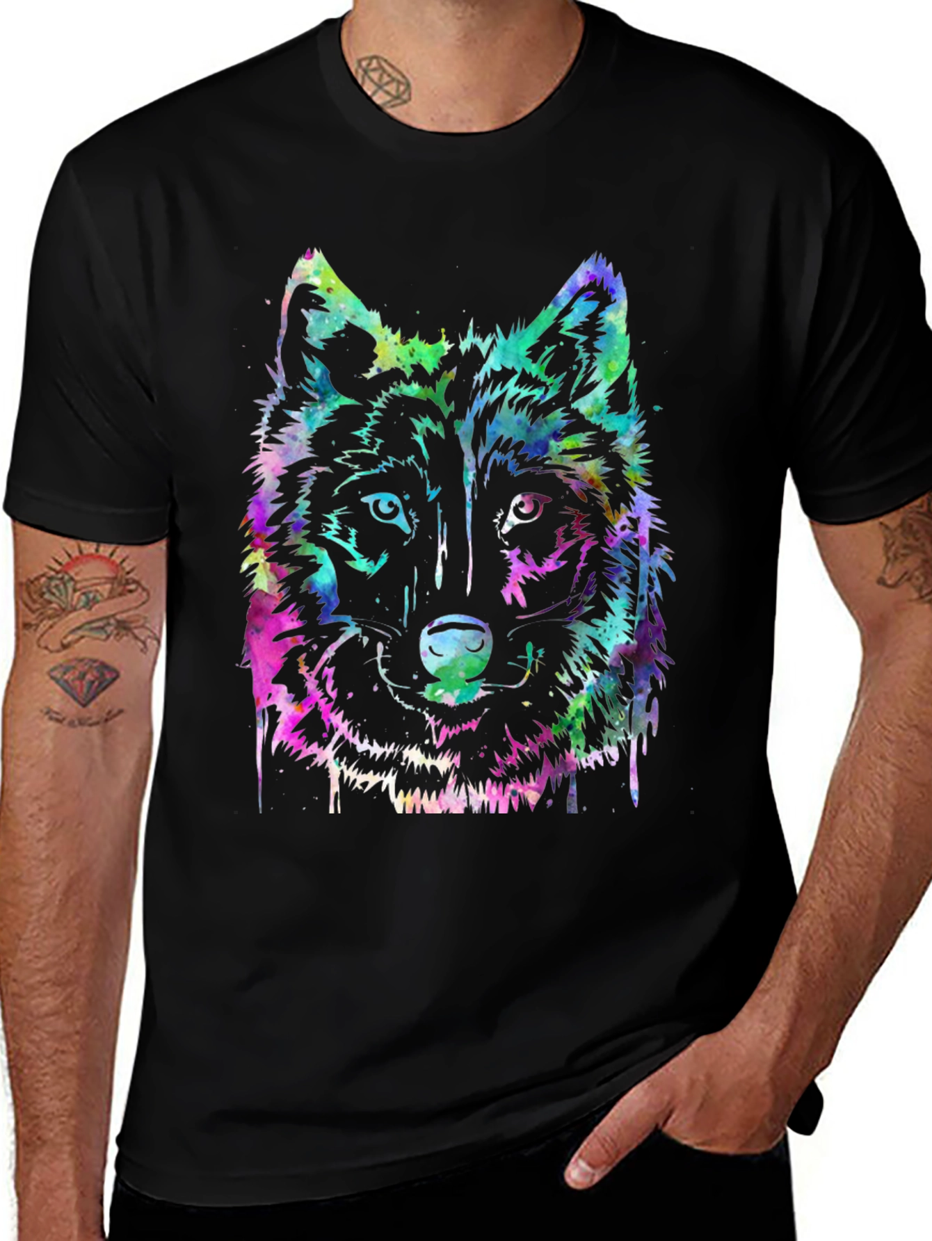 Variant 27 of Watercolor Wolf Graphic T-Shirt - Men's Black Tee