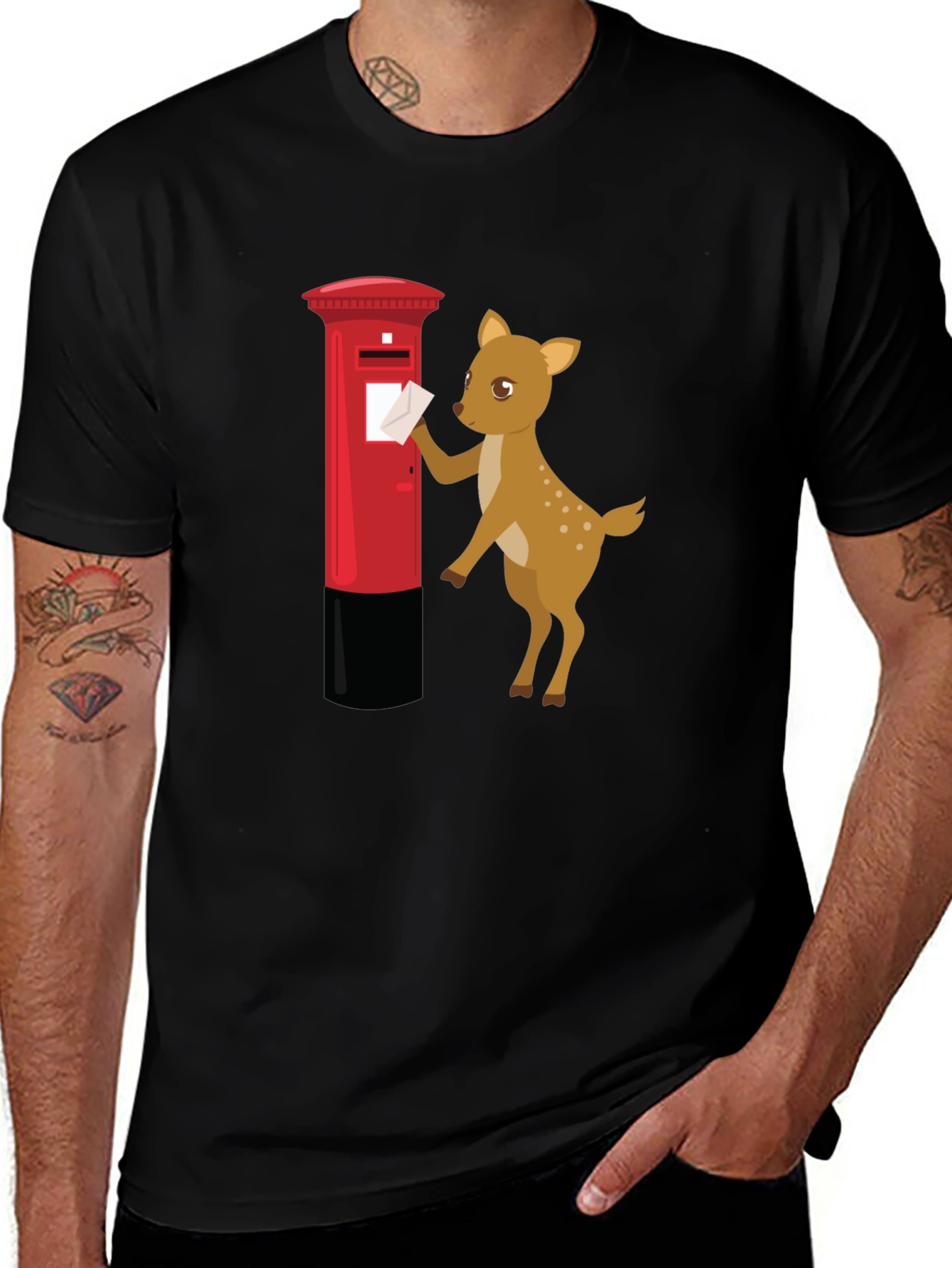 Black Cartoon Deer Posting Letter T-Shirt main image
