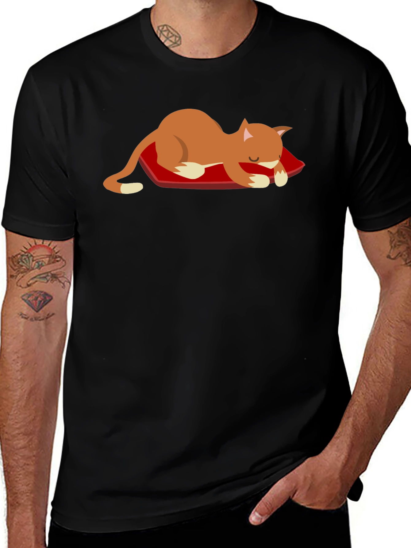 Variant 8 of Cat Nap T-Shirt - Black Cotton Tee with Cute Cat Design