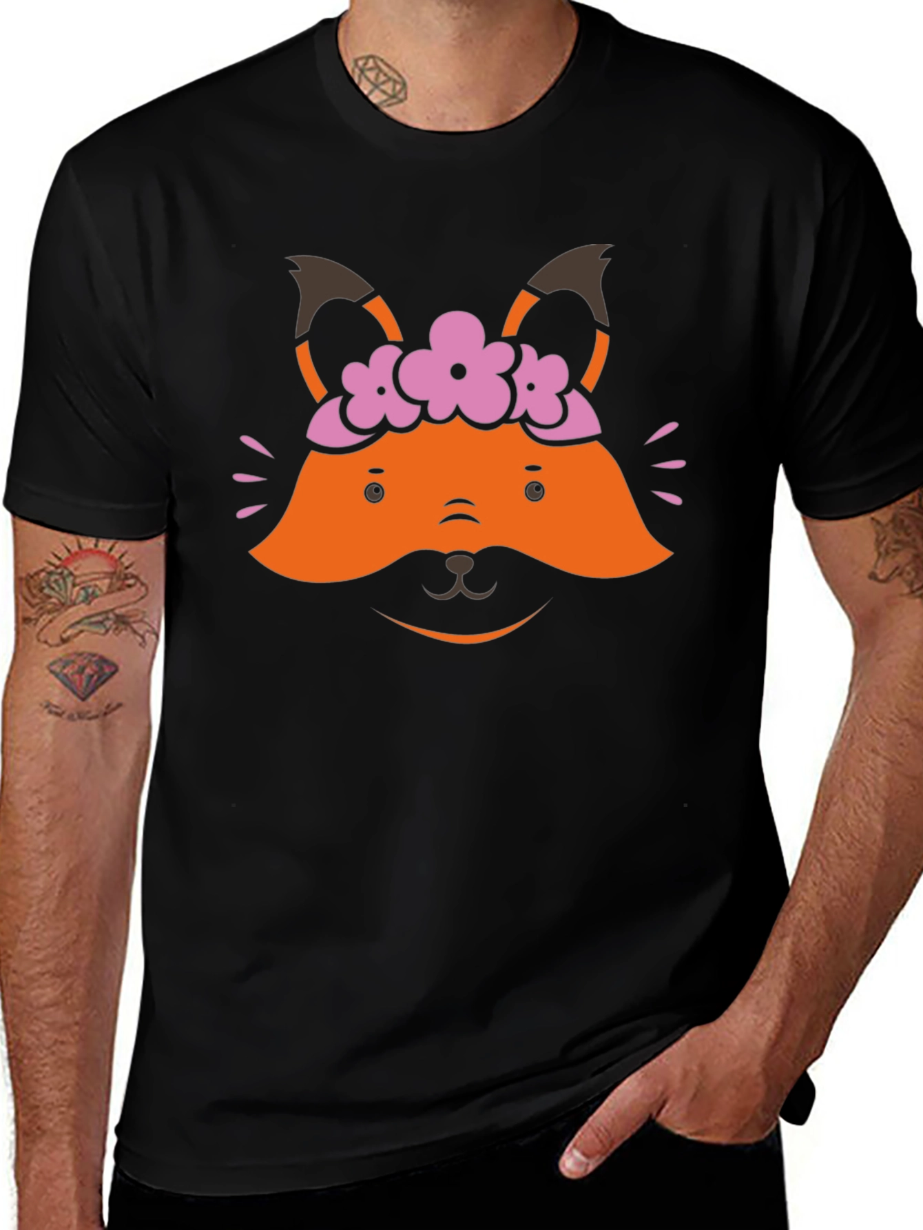 Variant 10 of Cute Fox Flower Crown Black T-Shirt