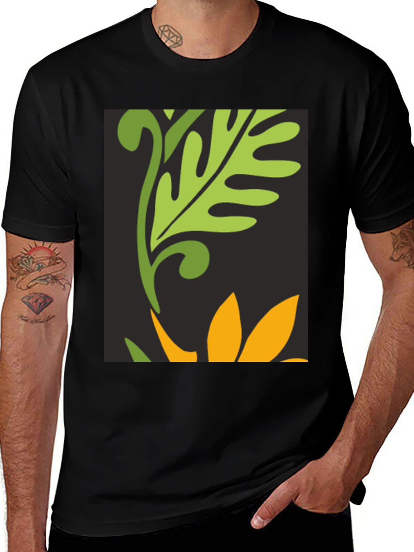 Variant 13 of Botanical Print Tee - Stylish Black T-Shirt