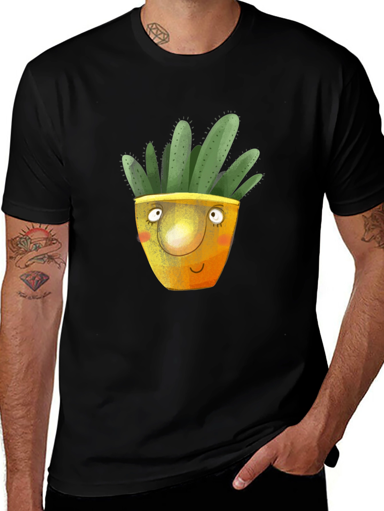 Variant 18 of Funny Potted Plant Graphic Tee - Black Cotton T-Shirt