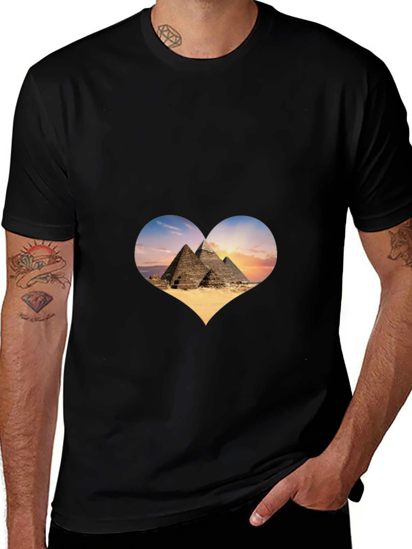 Egypt Pyramids Heart Graphic T-Shirt - Men's Black Tee