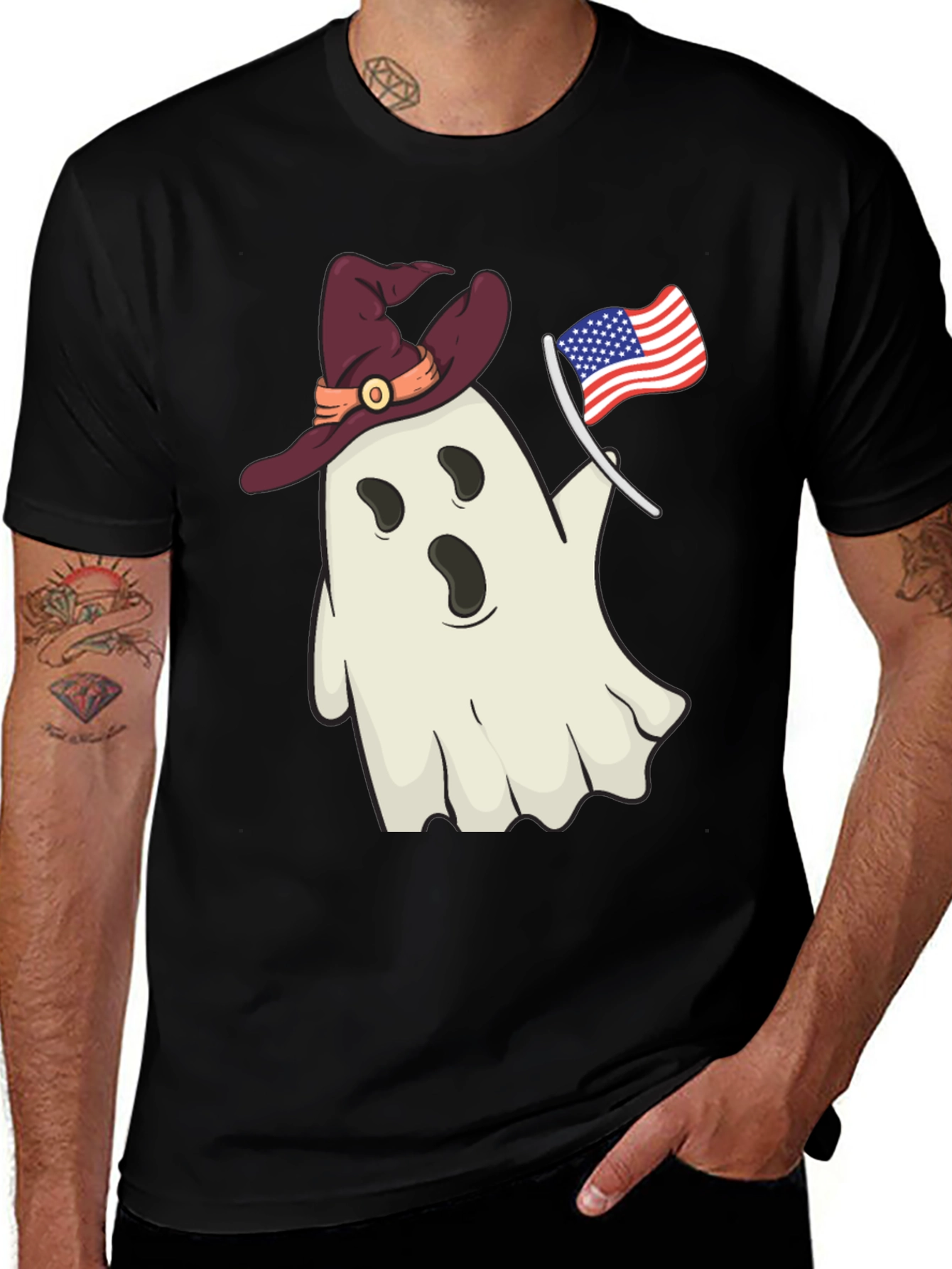 Variant 28 of Patriotic Ghost T-Shirt - Witch Hat, USA Flag