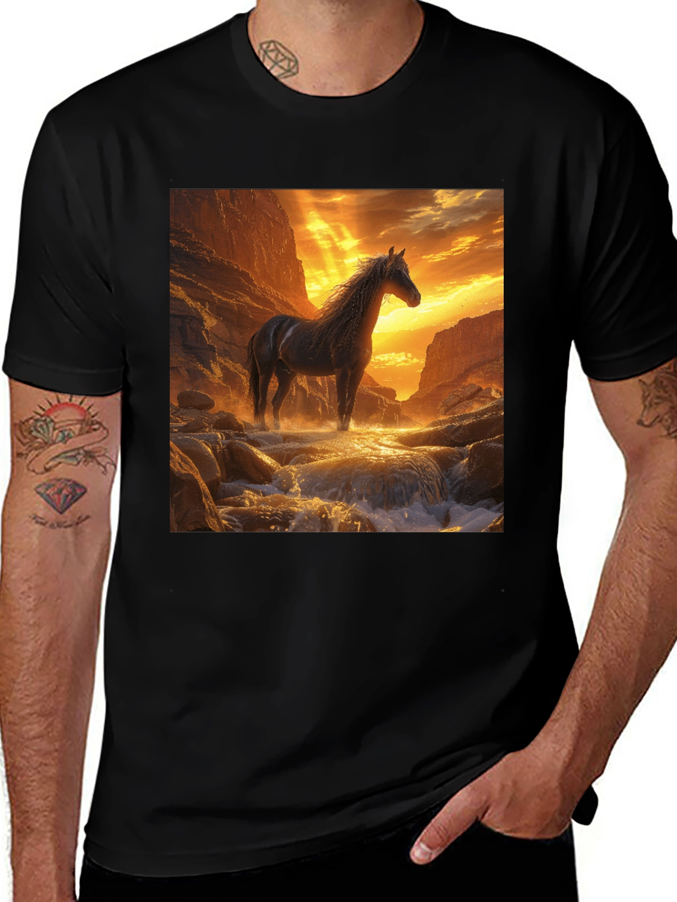 Variant 28 of Majestic Horse River Graphic Tee - Black