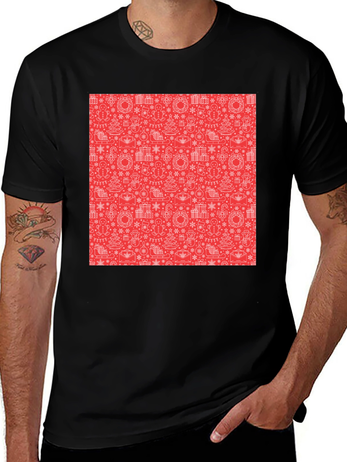 Variant 15 of Festive Holiday Patterned Black T-Shirt