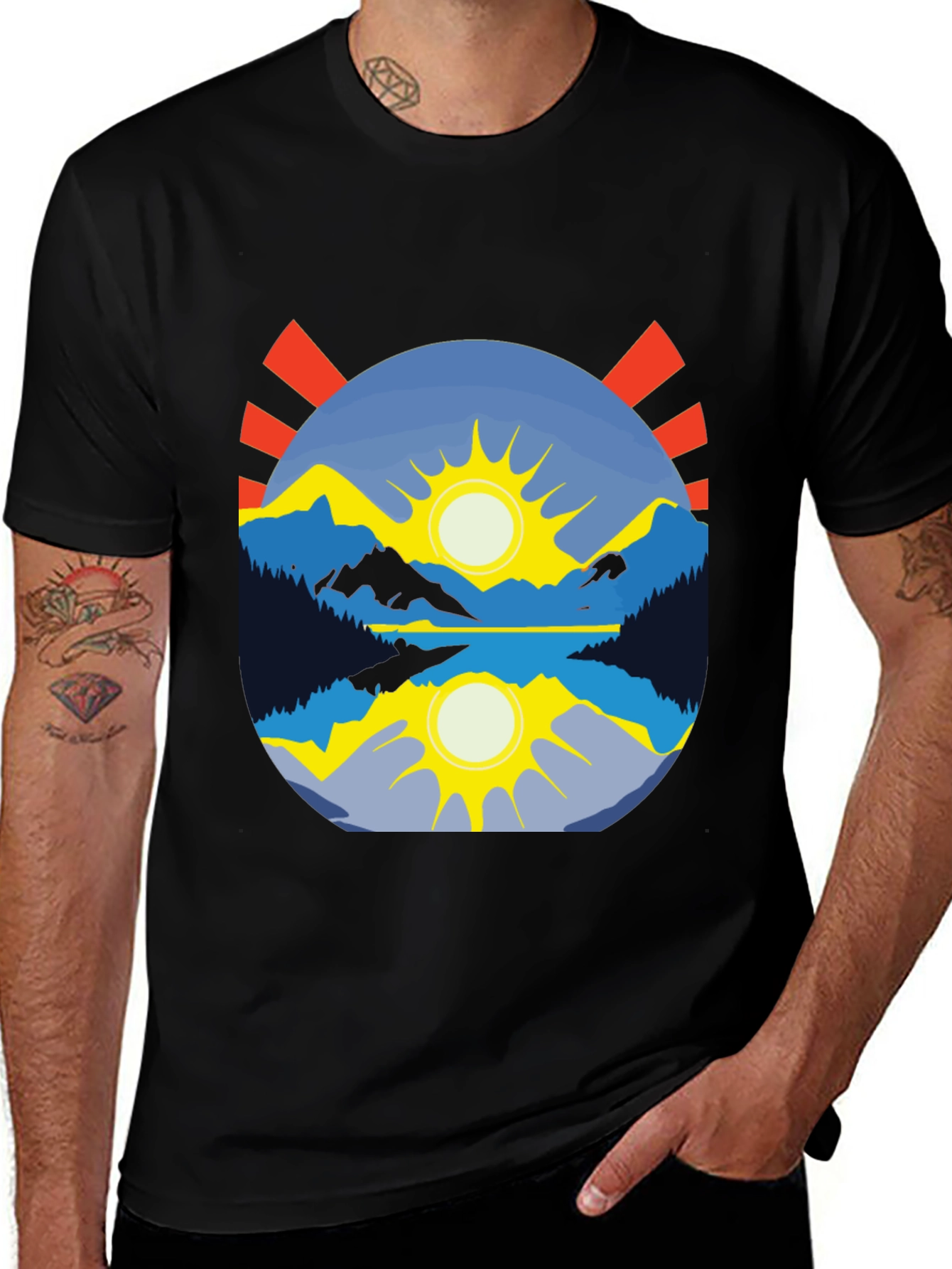 Variant 8 of Mountain Lake Sunrise Graphic Tee - Black Cotton Blend