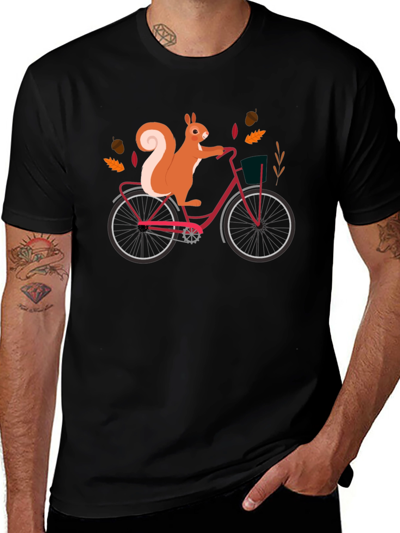 Variant 12 of Squirrel on Bike Graphic Tee - Black Cotton T-Shirt