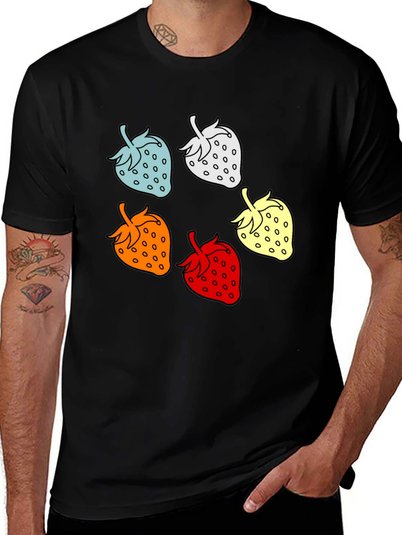 Variant 17 of Colorful Strawberry Graphic Tee - Casual Black T-Shirt