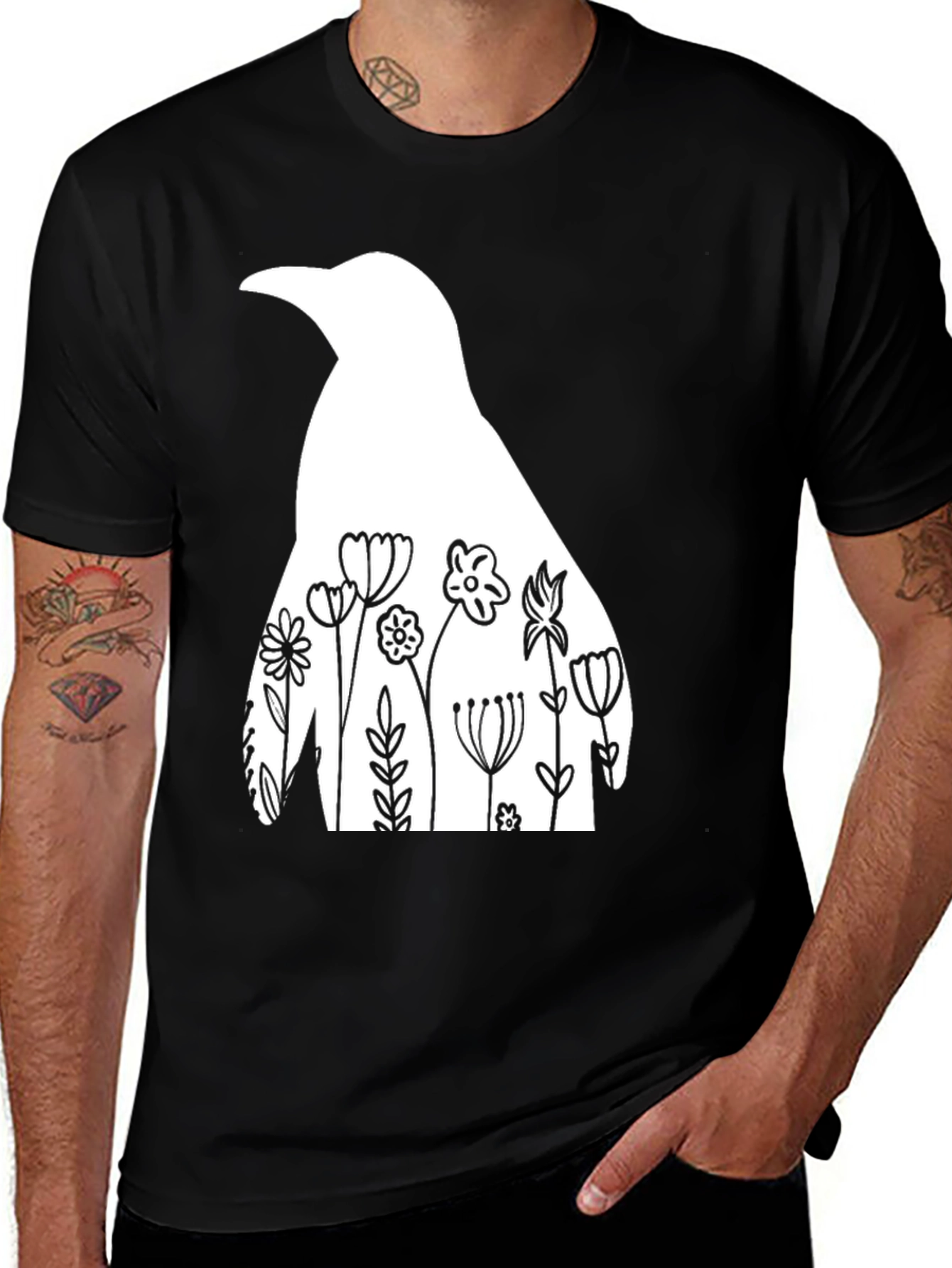 Variant 23 of Floral Penguin Graphic Tee - Men's Black T-Shirt