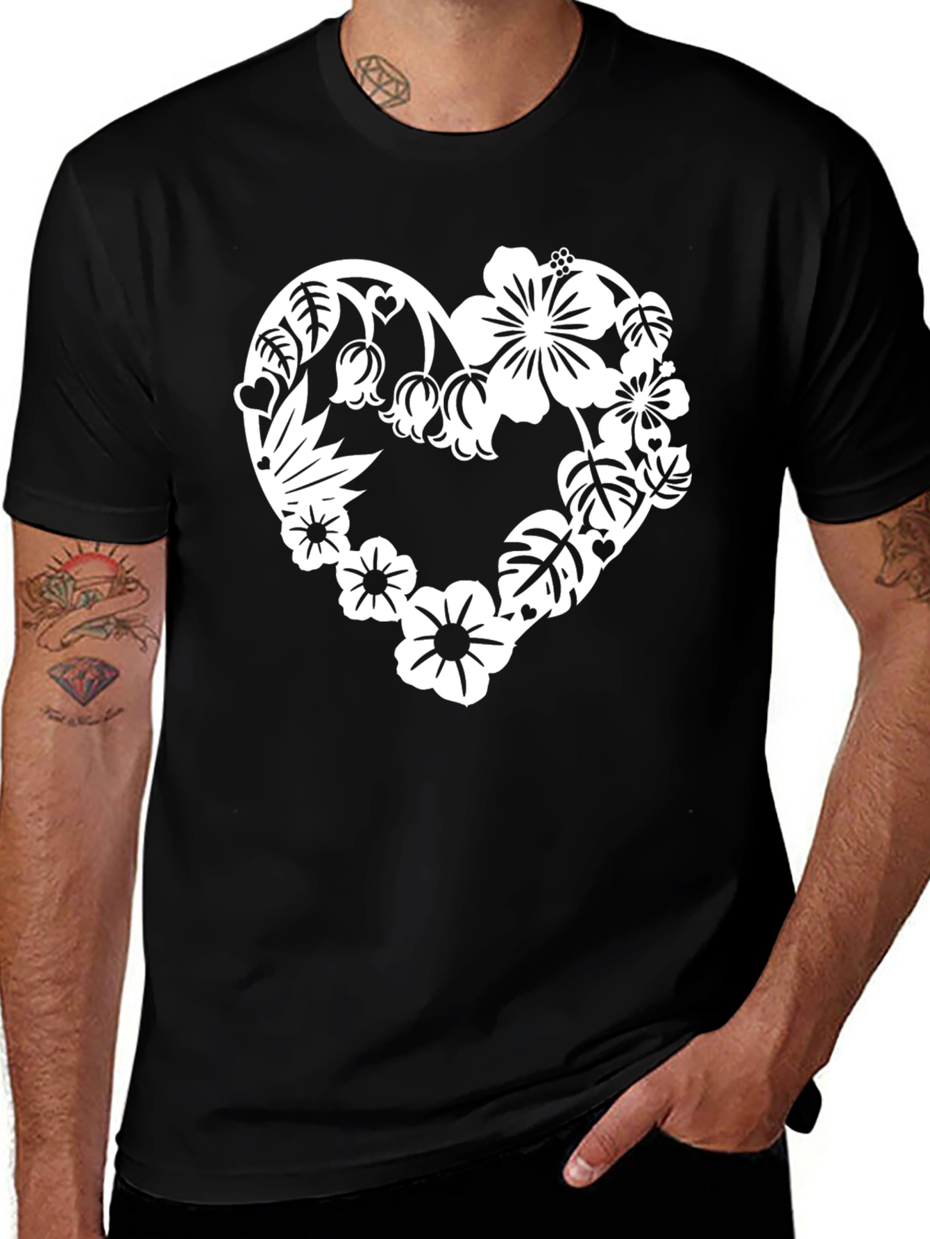Variant 17 of Floral Heart Graphic Tee - Stylish Black T-Shirt