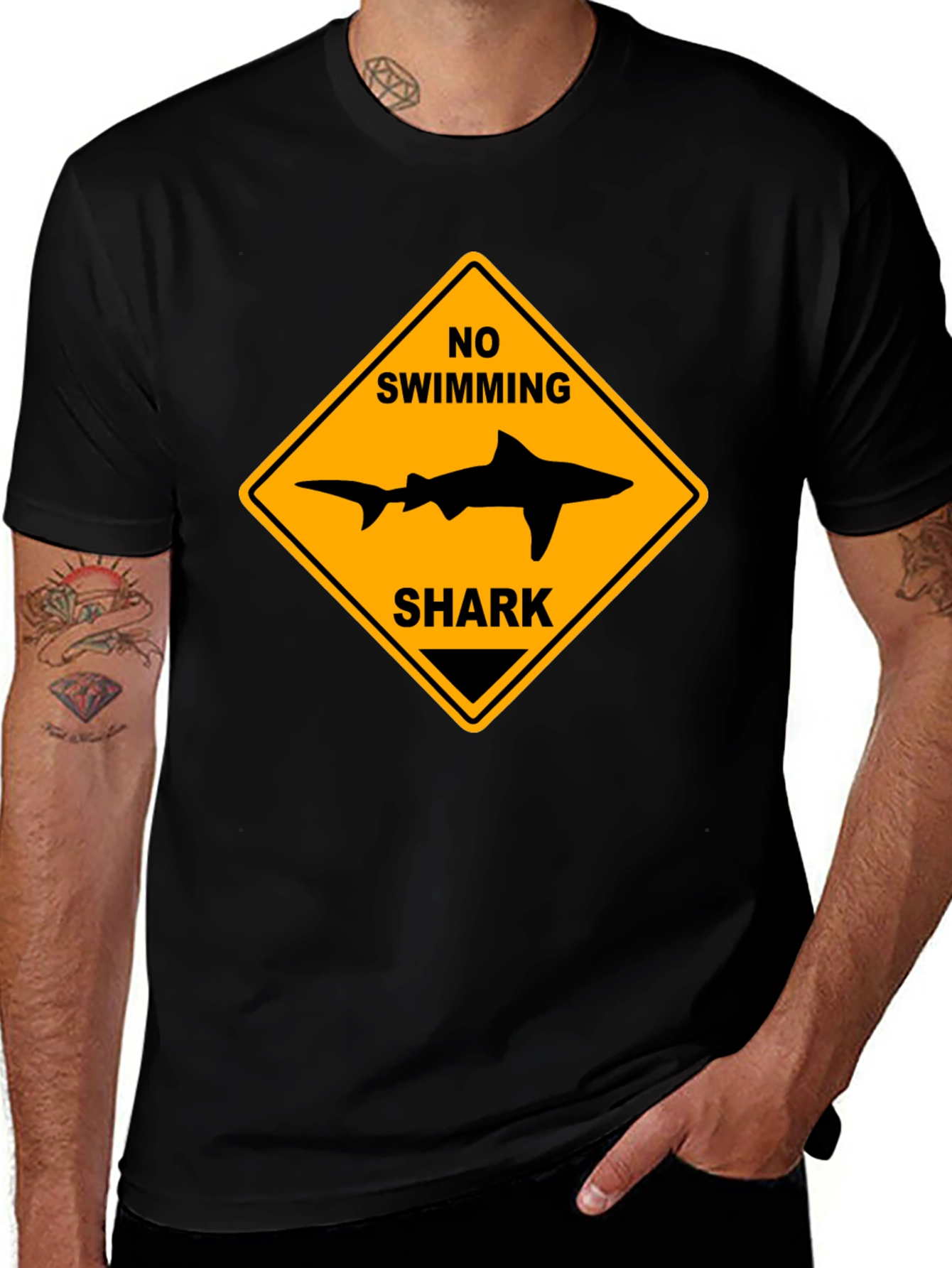Variant 3 of No Swimming Shark Graphic Tee - Black Cotton T-Shirt