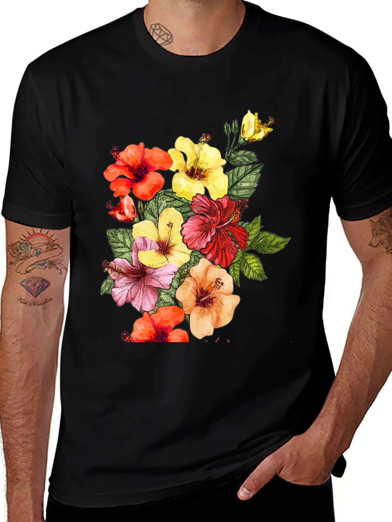 Variant 2 of Floral Hibiscus Graphic Tee - Black Cotton T-Shirt