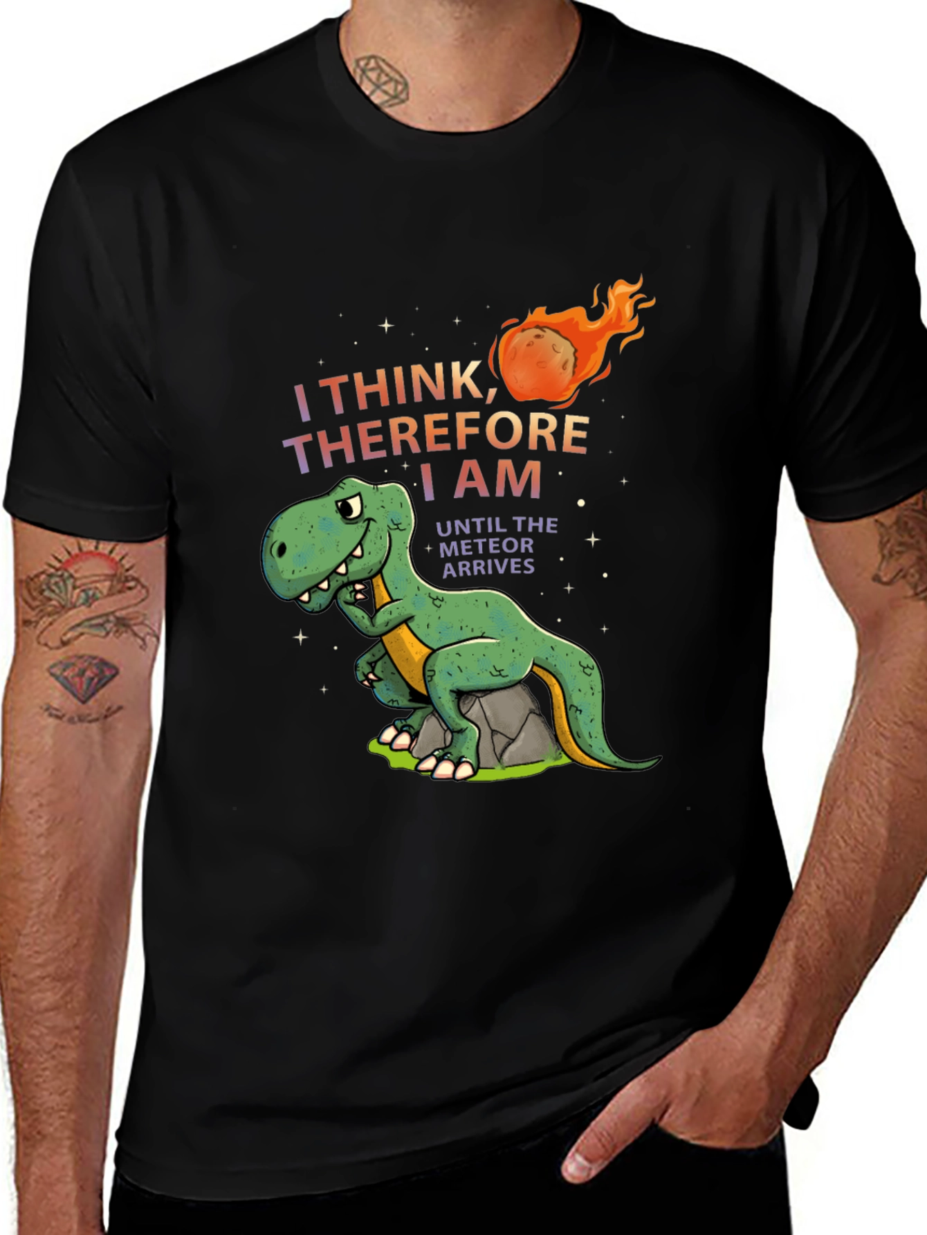 Variant 2 of I Think Therefore I Am T-Rex Meteor Men's Black Graphic Tee