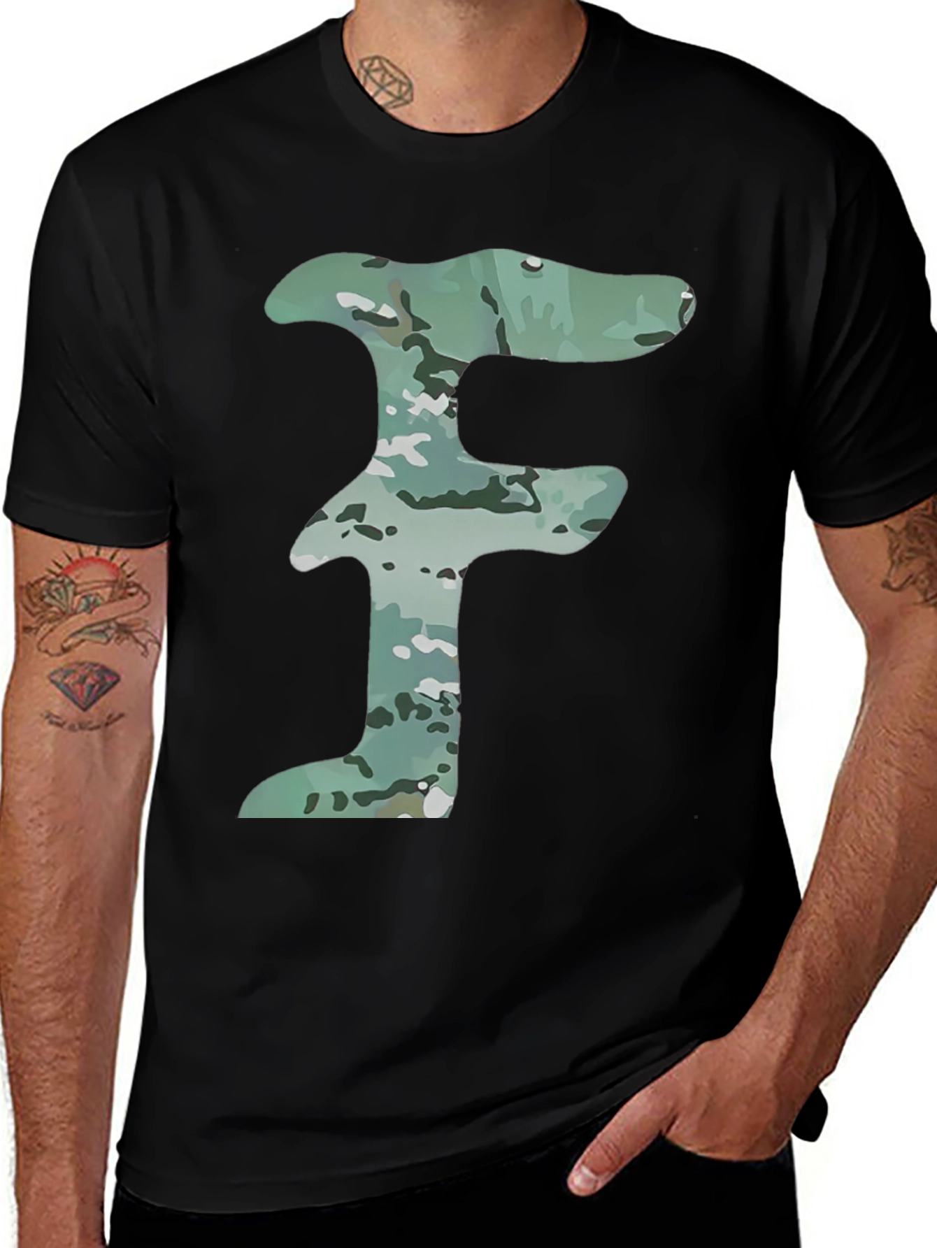 Variant 13 of Camo Letter F Graphic Tee - Men's Black T-Shirt