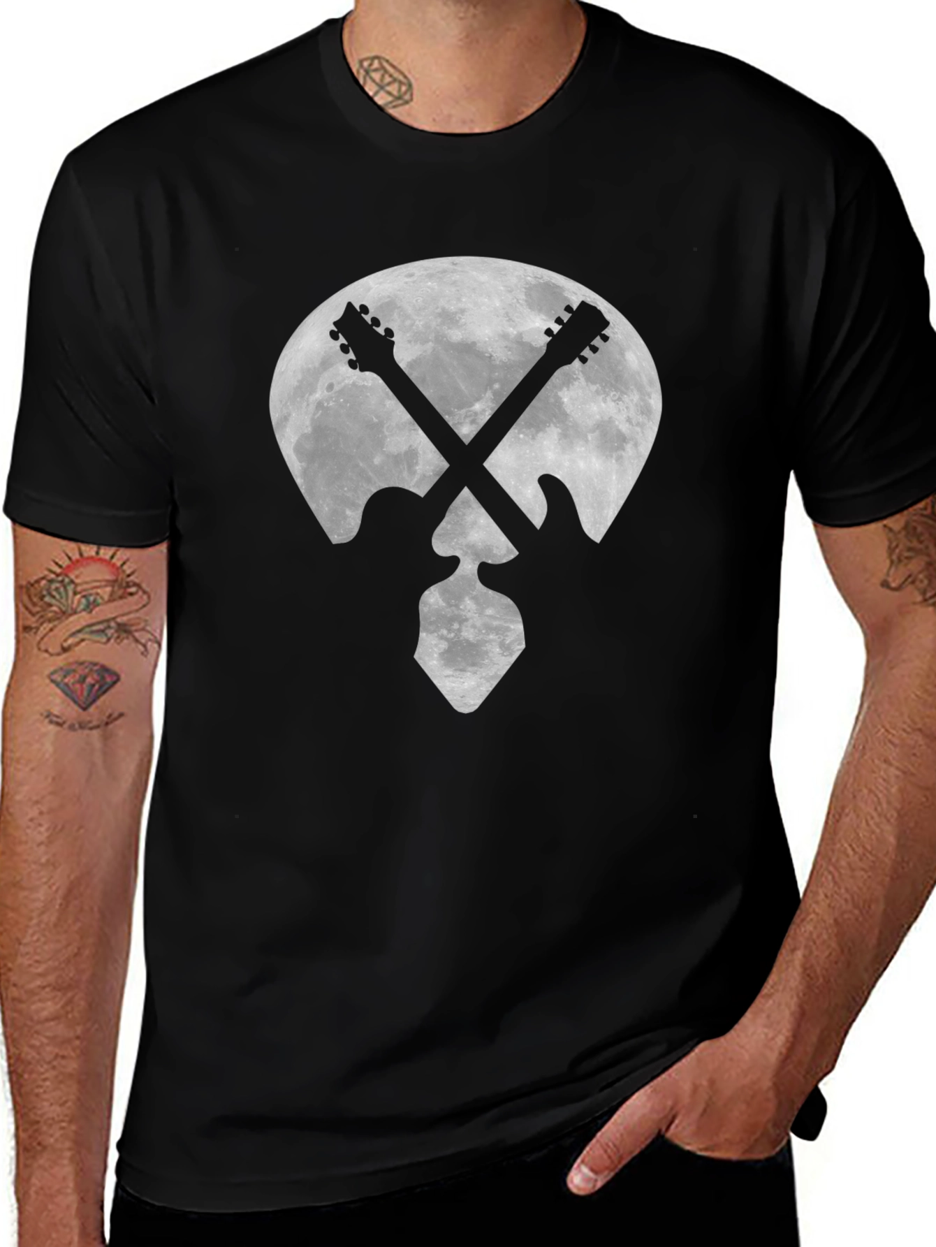 Black Guitar Moon Graphic Tee - Rock Style main image
